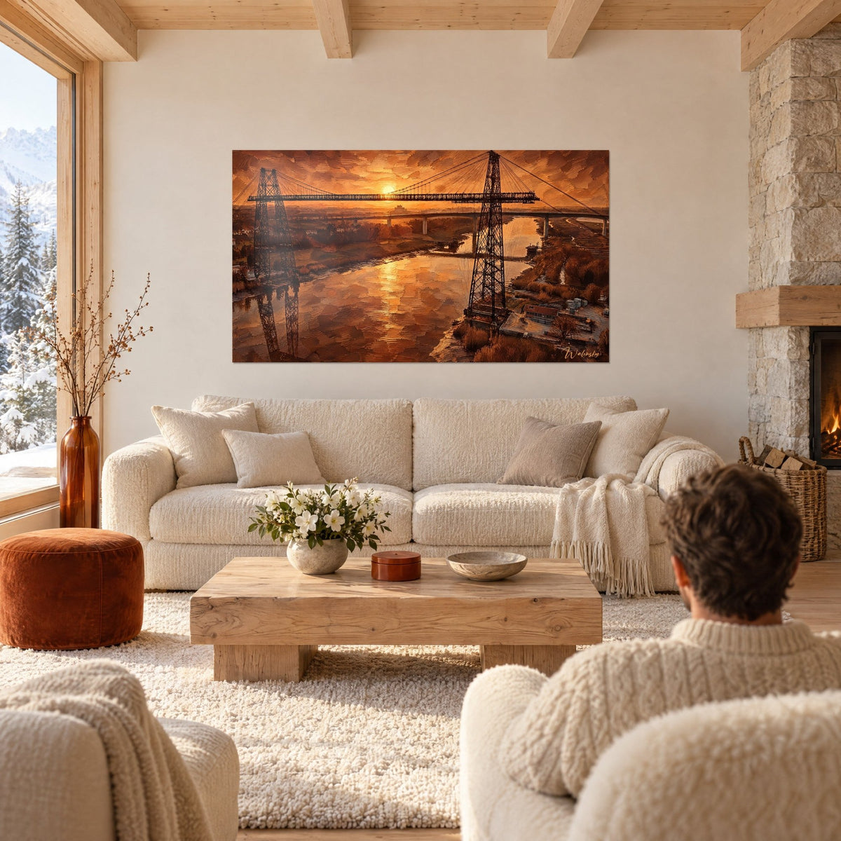 Wall art copper-toned steel aqueduct over ochre river, orange sun and golden reflections, above a sofa in a bright living room