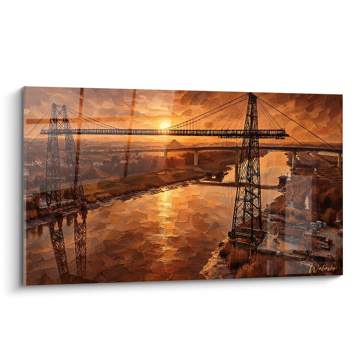Pont transbordeur de Rochefort aux teintes ocre et cuivrées, silhouette métallique devant un coucher de soleil