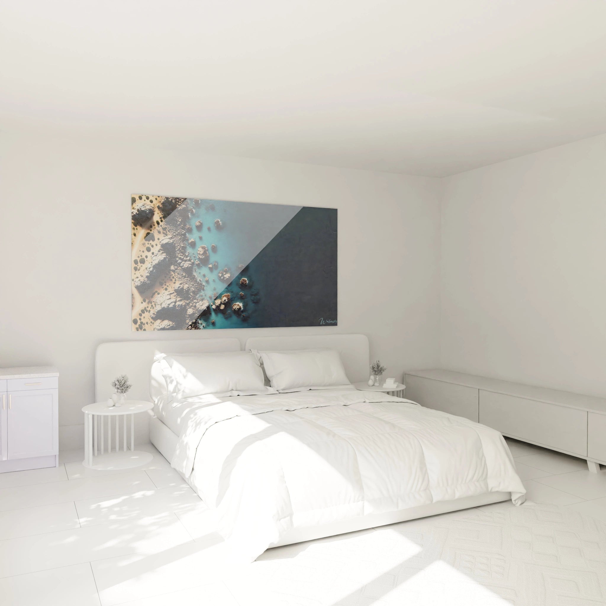 Tableau Ocean au-dessus du lit dans une chambre : une touche de sérénité et de nature avec ce tableau Ocean aux teintes de bleu et beige pour un espace de repos et de contemplation