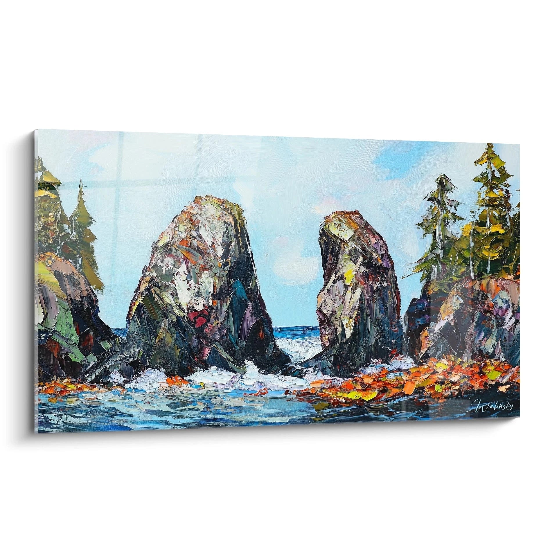 Tableau côte rocheuse présentant d'imposantes formations pierreuses entourées d'eau turquoise écumante, avec des conifères verts sur les falaises et un ciel bleu clair, peint avec une technique d'empâtement texturé.
