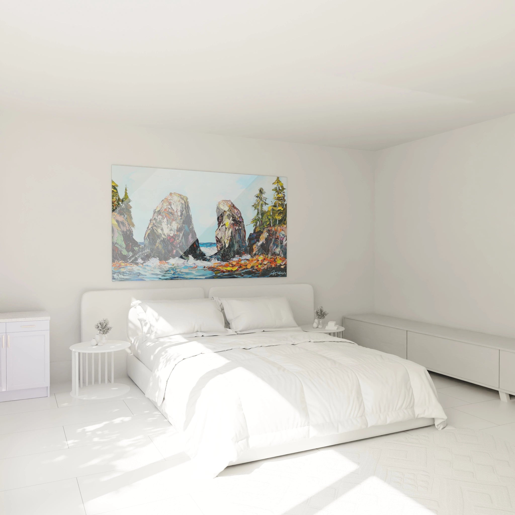 Tableau maritime montrant deux monolithes rocheux gris multicolores émergeant de l'océan bleu, encadrés par des falaises vertes et orangées, réalisé avec des coups de pinceau épais et expressifs.