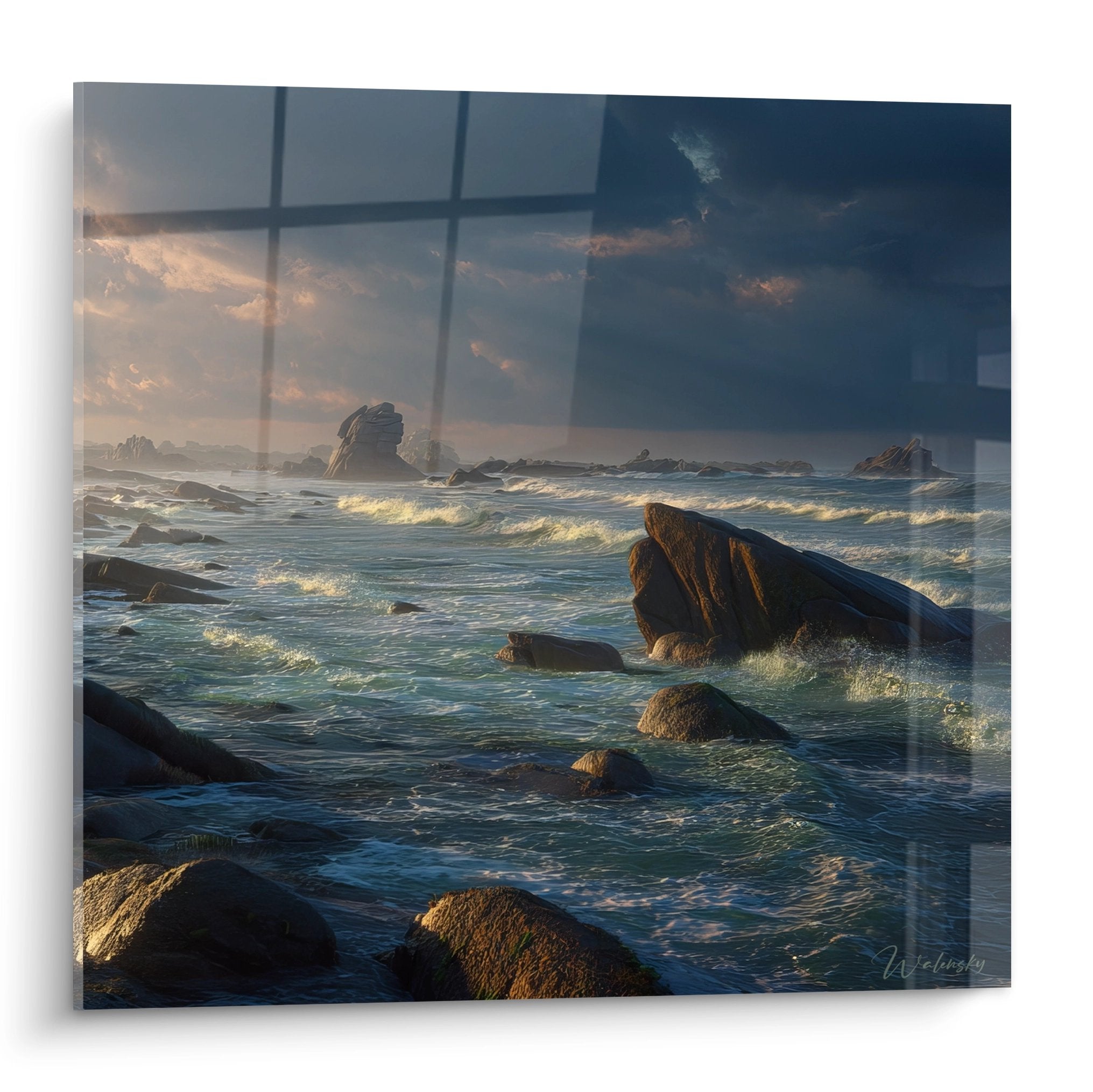 Tableau mural rochers océan avec vagues déferlantes et ciel dramatique ambiance tempête côtière