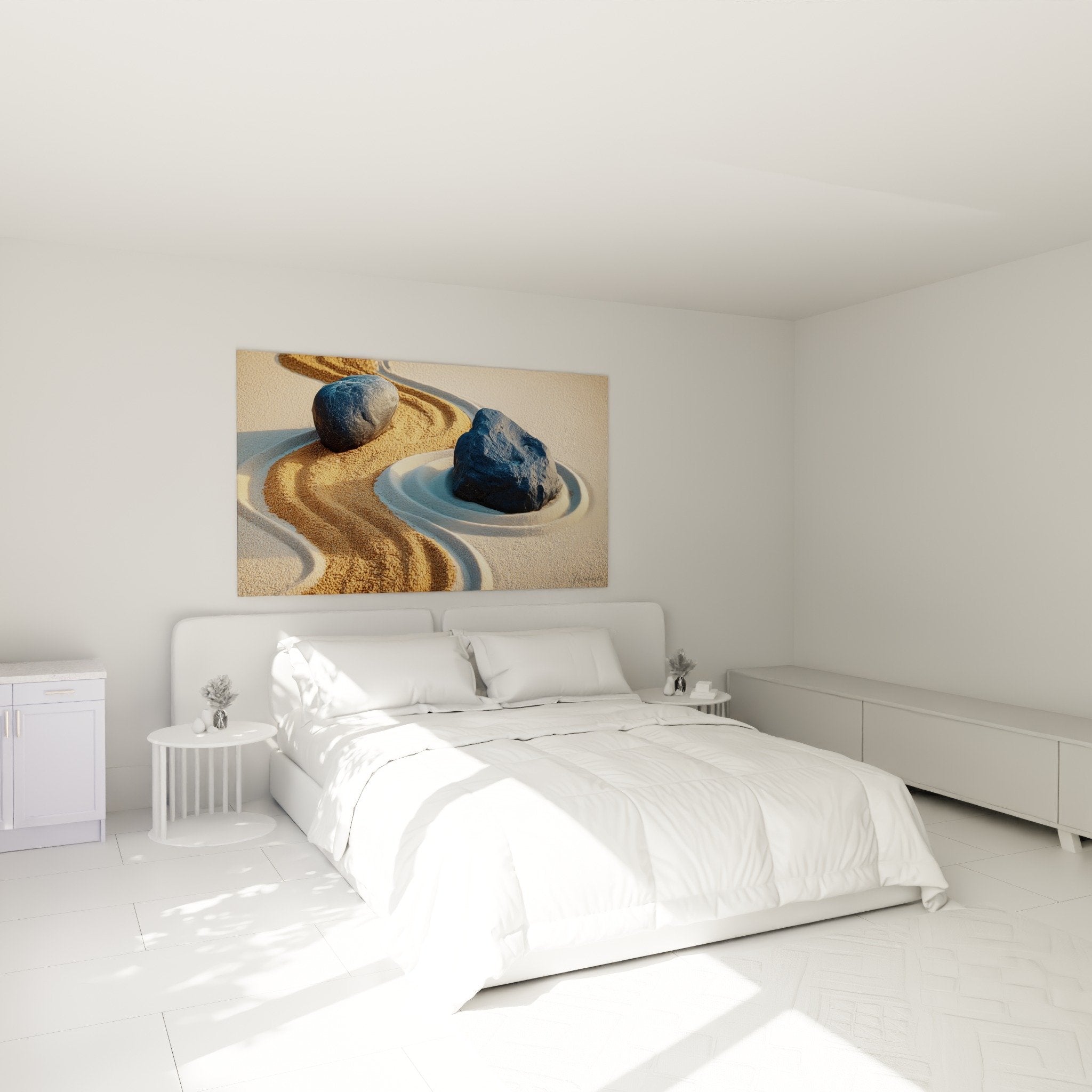 zen rocks spirals sand wall art bedroom soothing mural decor blue beige tones