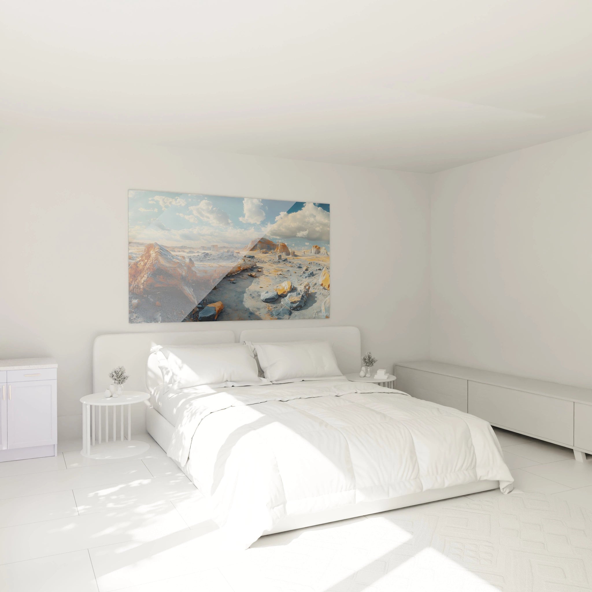 Tableau désert montrant un paysage aride avec grandes formations rocheuses beiges et orange éclairées par une lumière chaude et ciel dramatique bleu