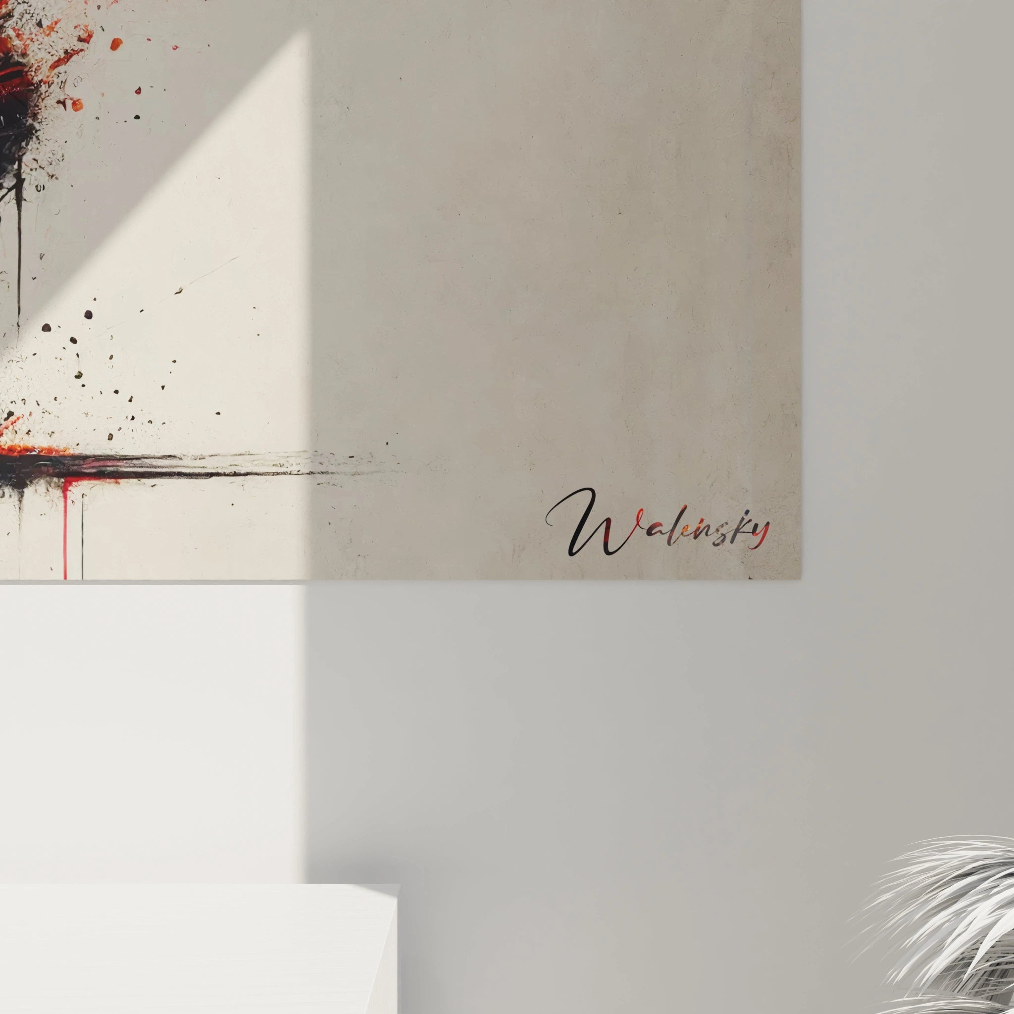 Focus sur les éclats rouges et noirs d’un tableau abstrait, traduisant l’énergie musicale d’un musicien captivant.