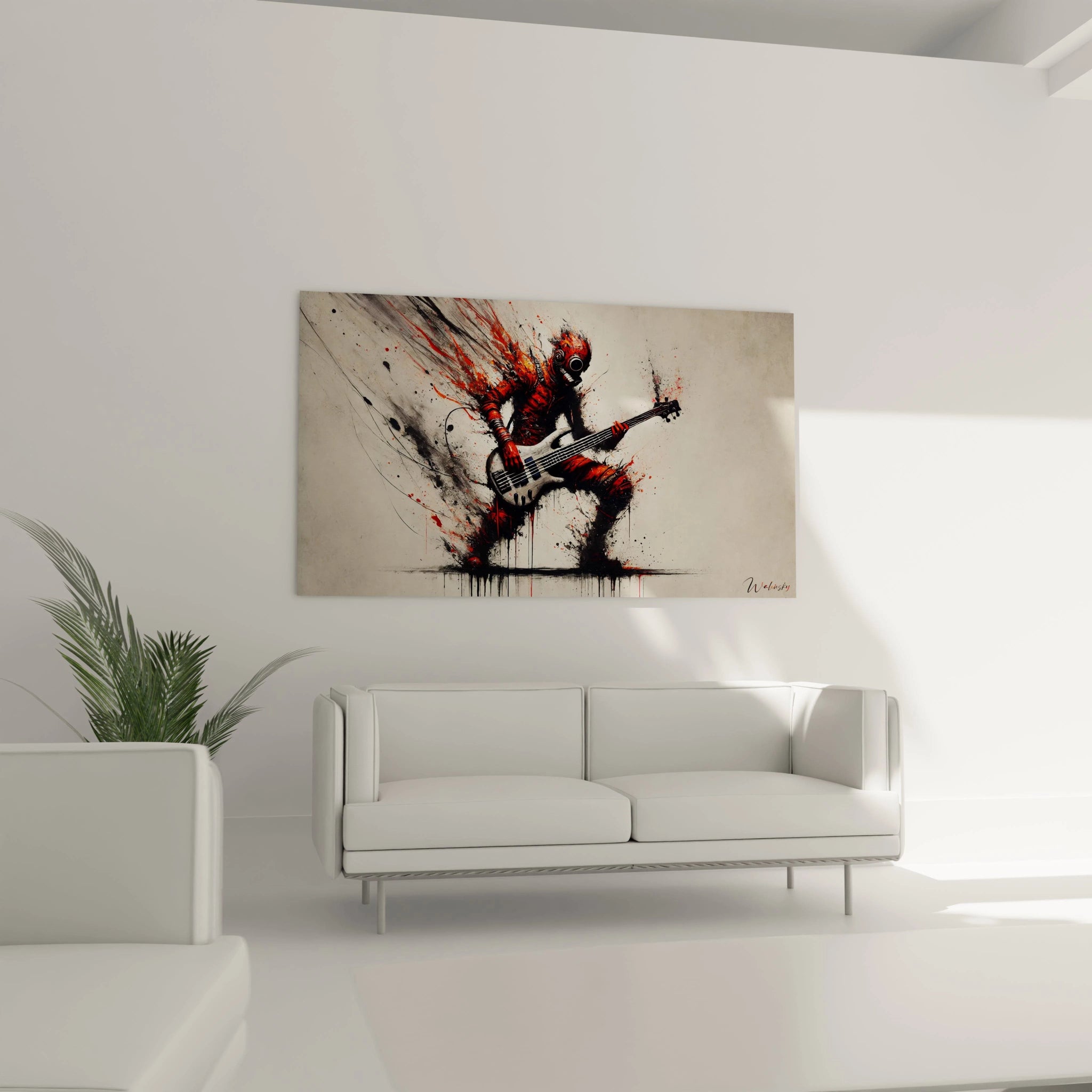 Tableau musique abstrait suspendu dans un salon moderne, combinant formes graphiques et teintes vibrantes.