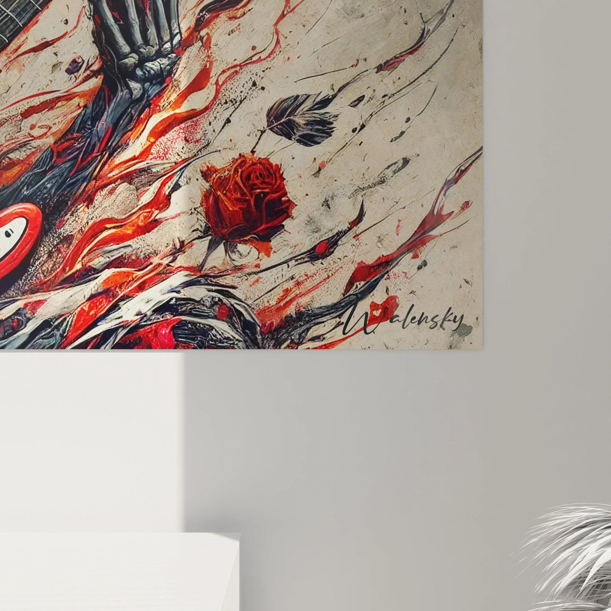 Focus sur la guitare d’un tableau musique abstrait, avec des éclats rouges et des textures enflammées traduisant la passion musicale.