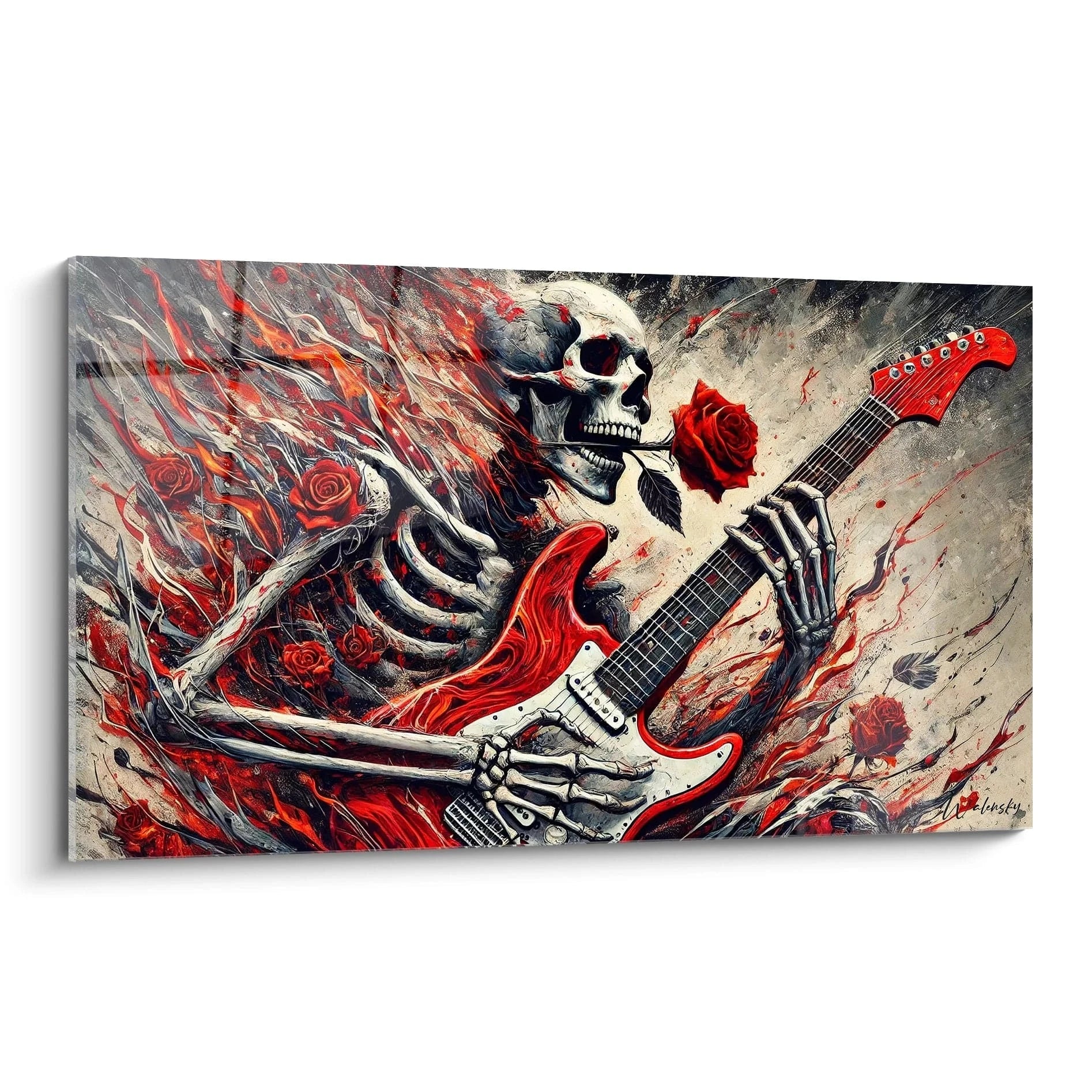 Un squelette jouant de la guitare dans un tableau musique abstrait, entouré de flammes rouges et de roses.