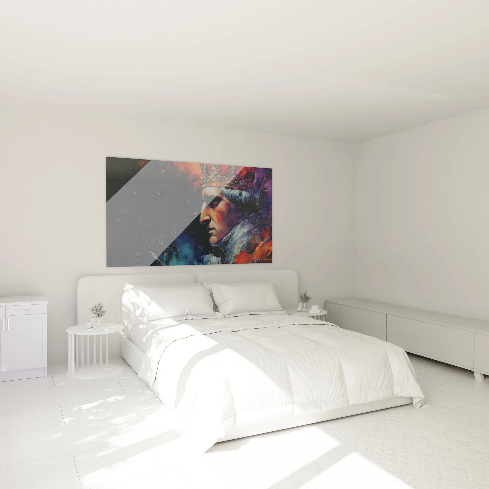 Tableau mural Walensky tableau roi Louis XVI portrait coloré et abstrait accroché au dessus du lit blanc moderne