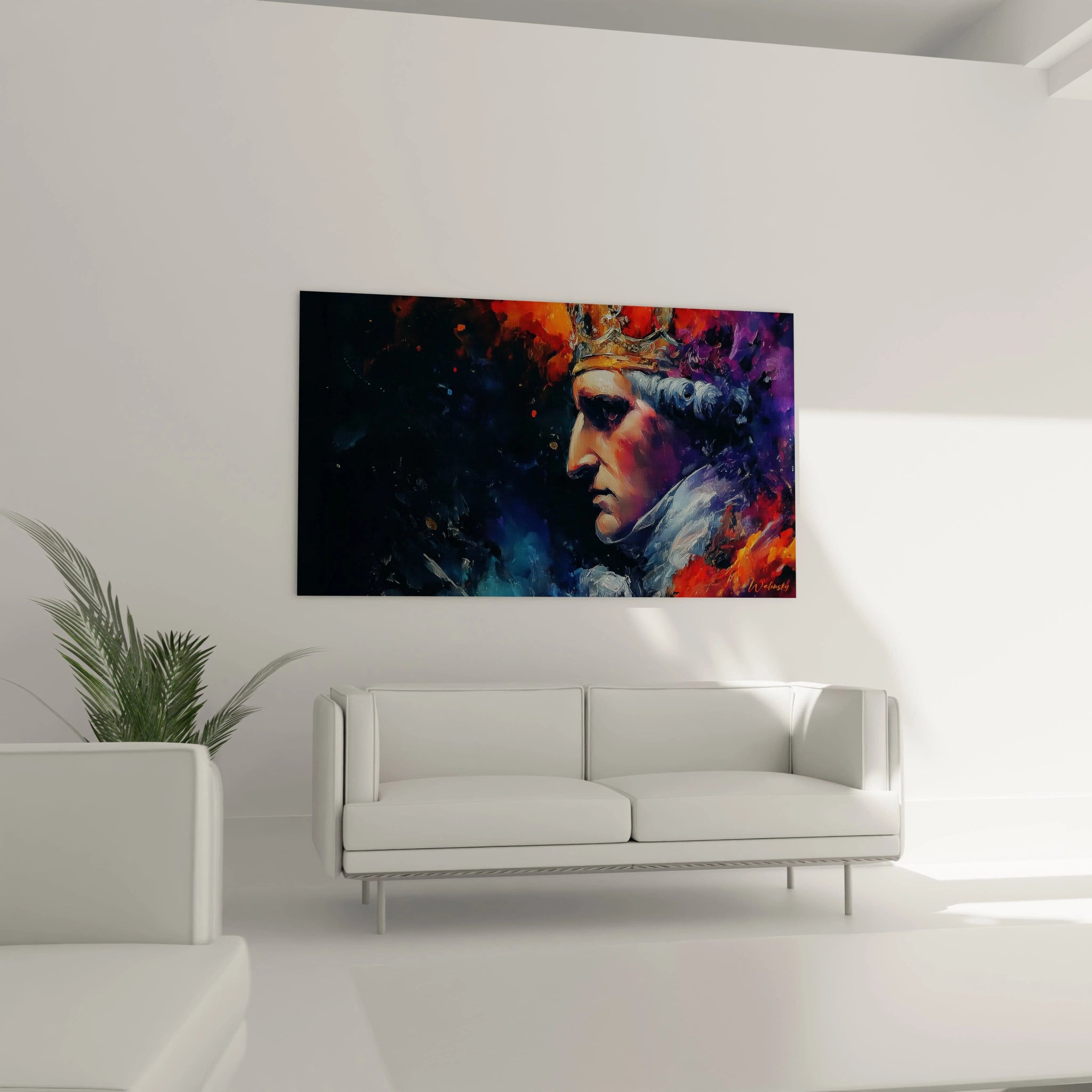 tableau roi Louis XVI Walensky portrait coloré de profil sur toile moderne accroché au dessus du canapé blanc