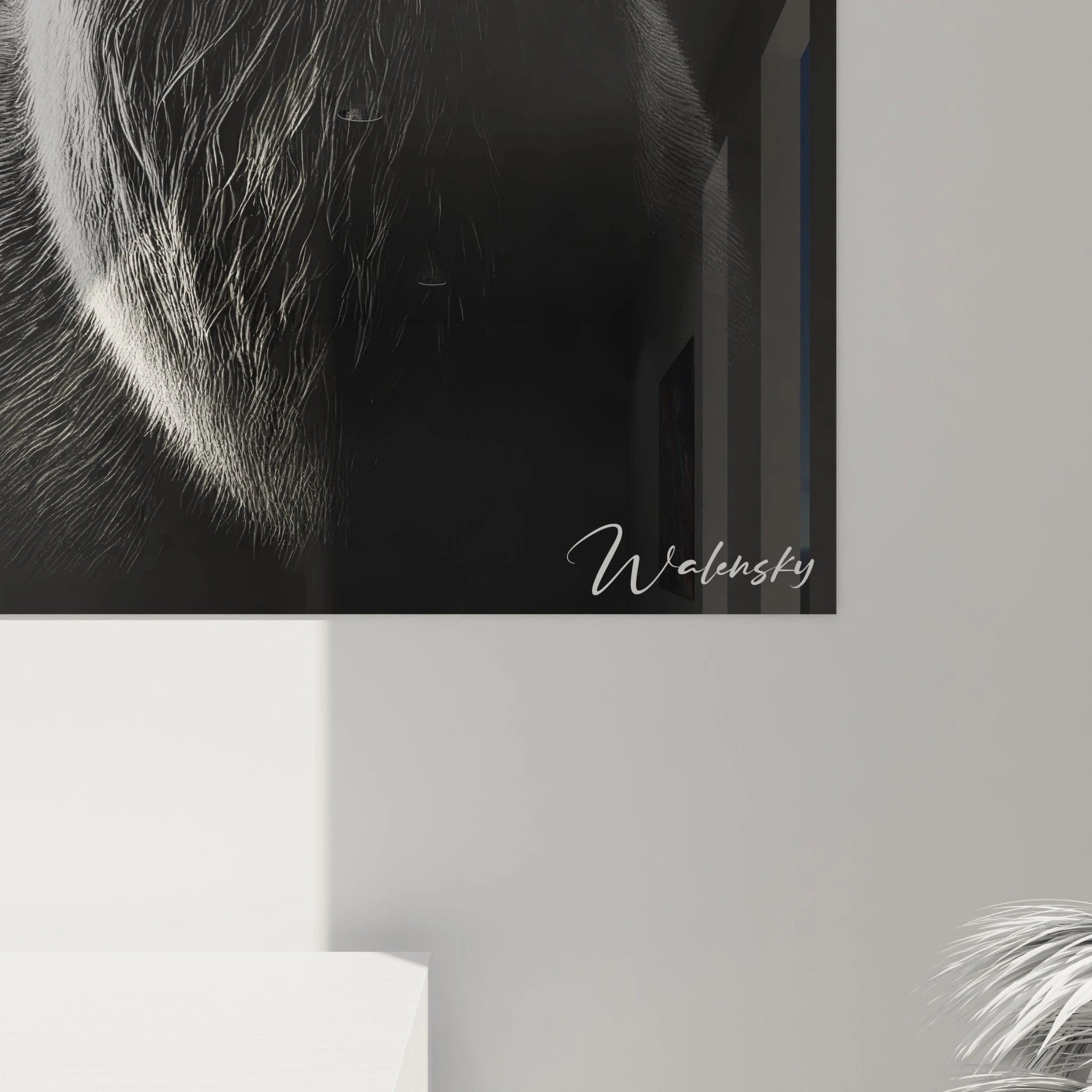 vue rapprochée du tableau cerf détails précis des bois et textures noir et blanc minimaliste contraste saisissant évoquant calme et majesté symbolique entre terre et ciel