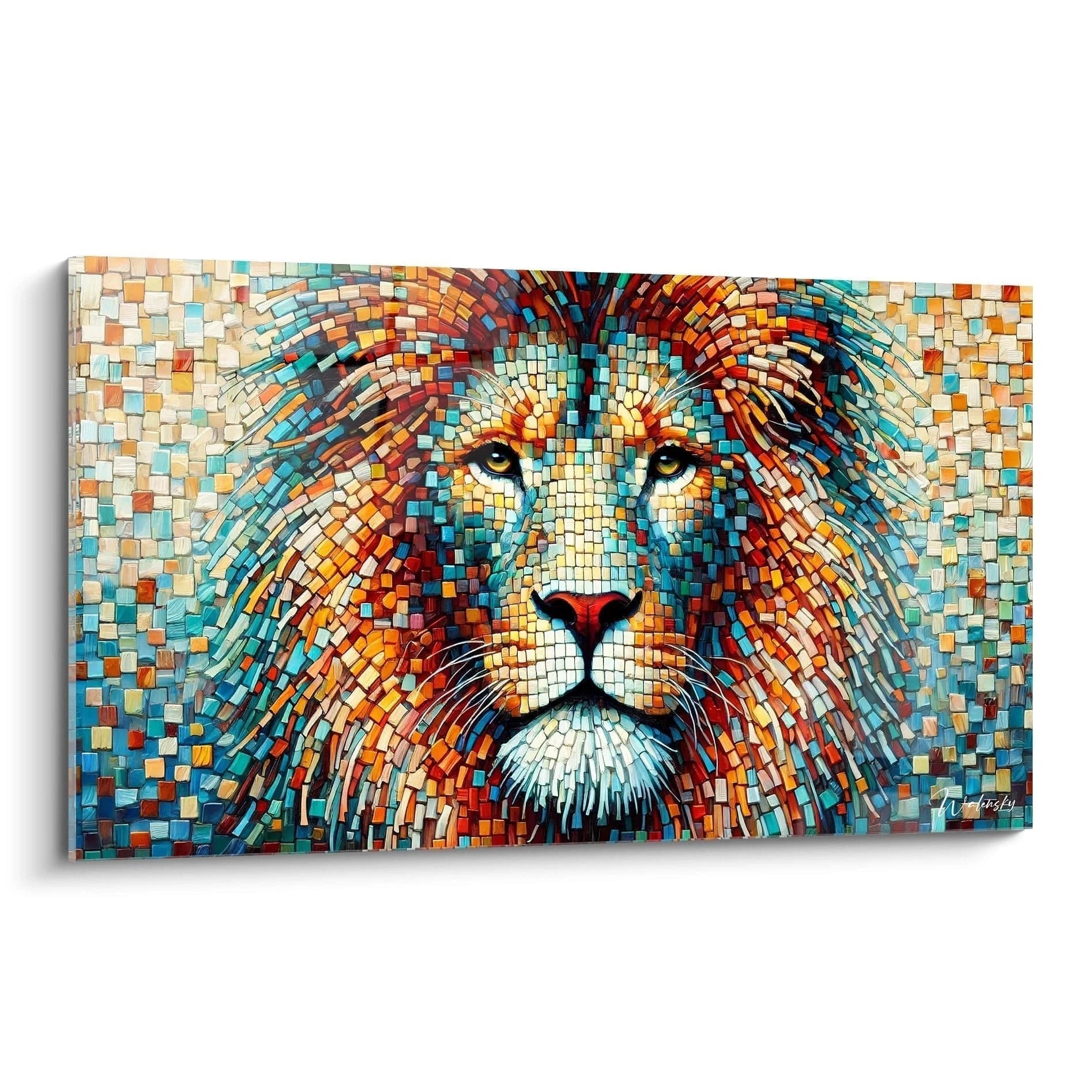 Admirez la mosaïque colorée de ce tableau lion, vu de biais. Chaque pièce soigneusement agencée crée un effet de profondeur captivant pour un portrait saisissant du roi des animaux.