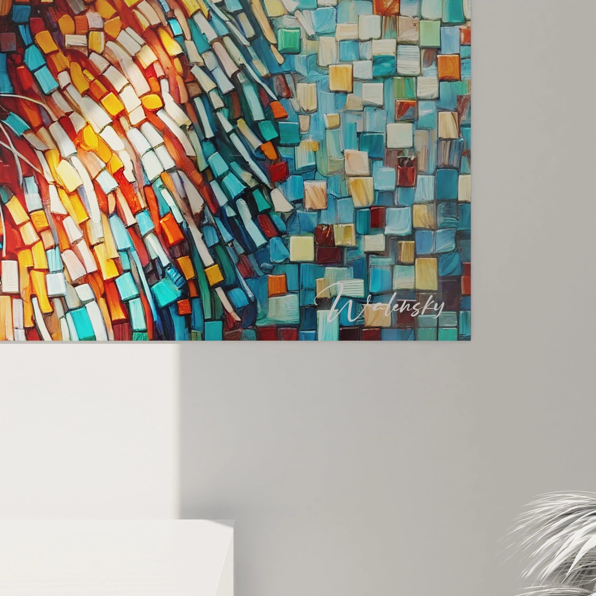 Vue de près, ce tableau lion révèle ses détails captivants en mosaïque. Chaque pièce colorée forme un effet visuel unique, parfait pour les amateurs d’art à la recherche de décoration originale.