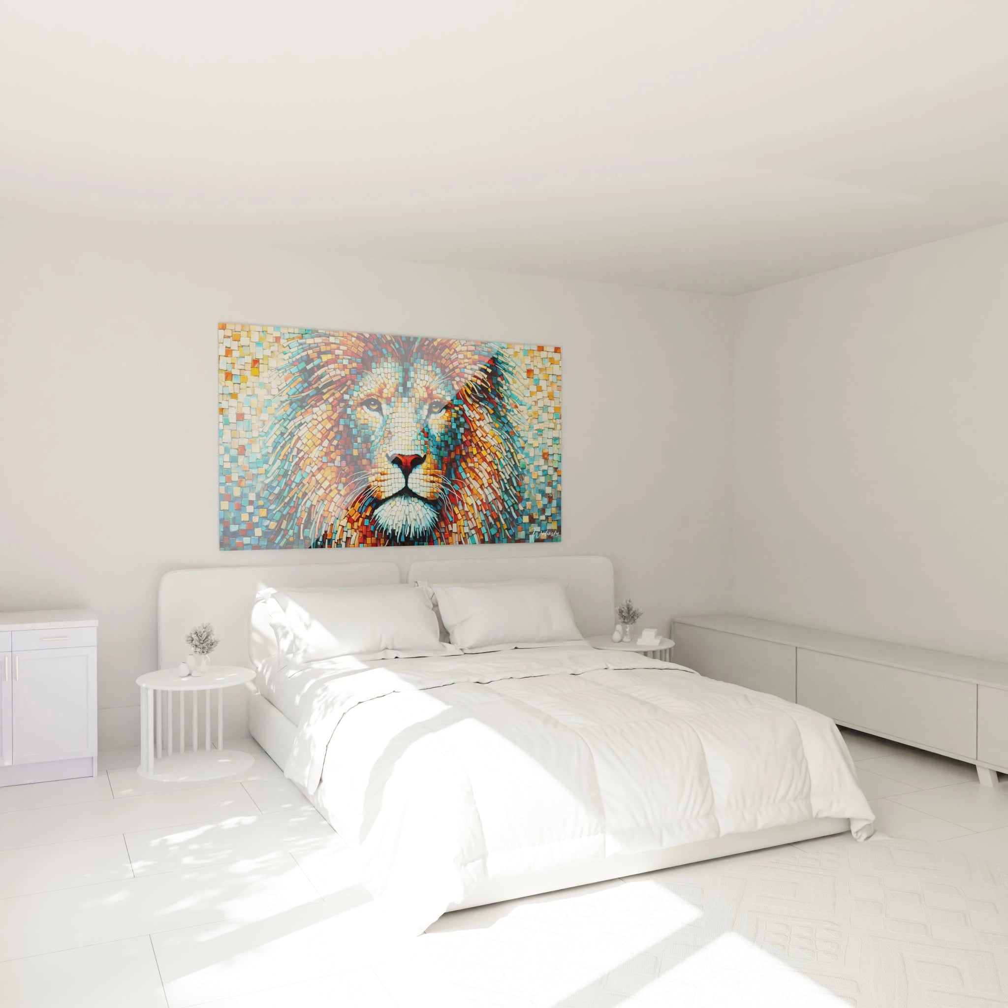 Sublimez votre chambre avec ce tableau lion accroché au mur au-dessus du lit. Ses couleurs riches et son style mosaïque ajoutent une ambiance apaisante et artistique à votre espace de repos.