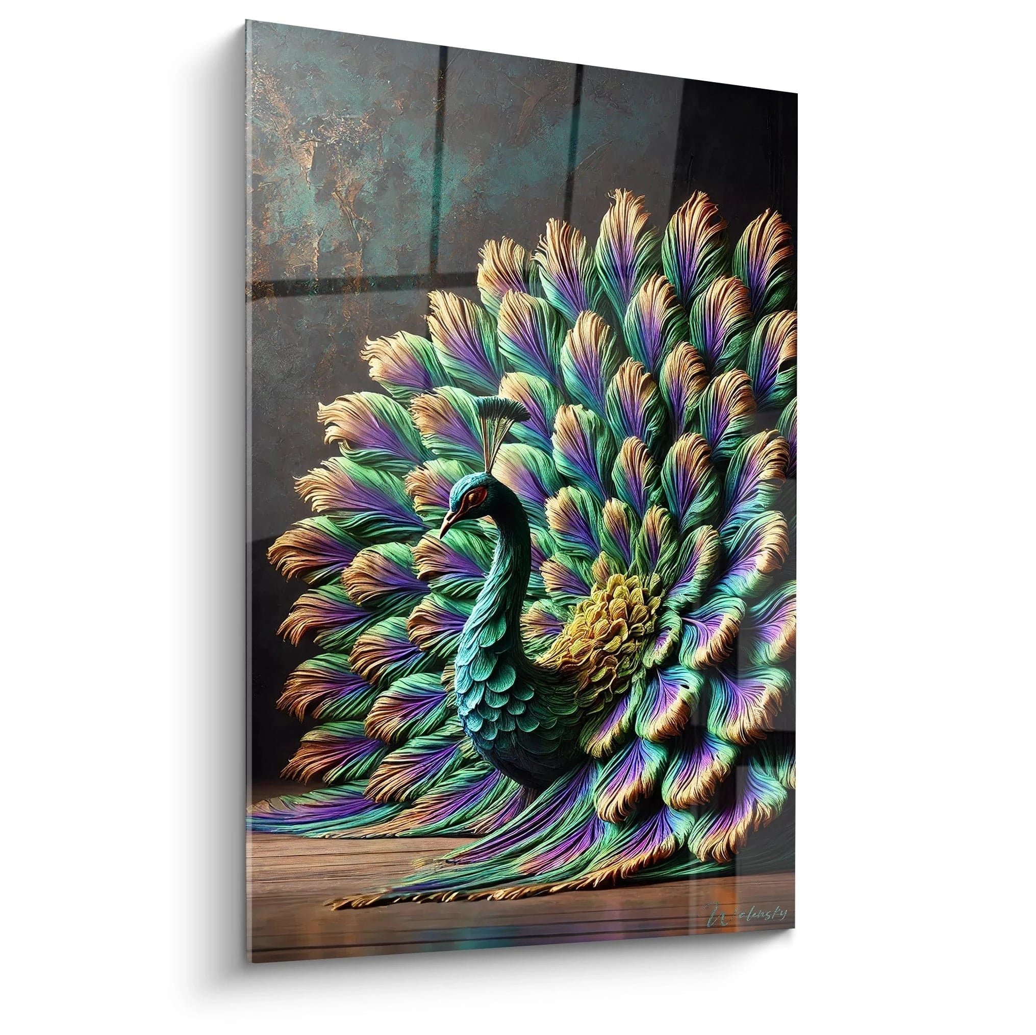 Admirez ce tableau paon avec ses plumes éclatantes capturées dans une vue de biais. Une explosion de couleurs vives, parfait pour donner du dynamisme à votre espace intérieur.