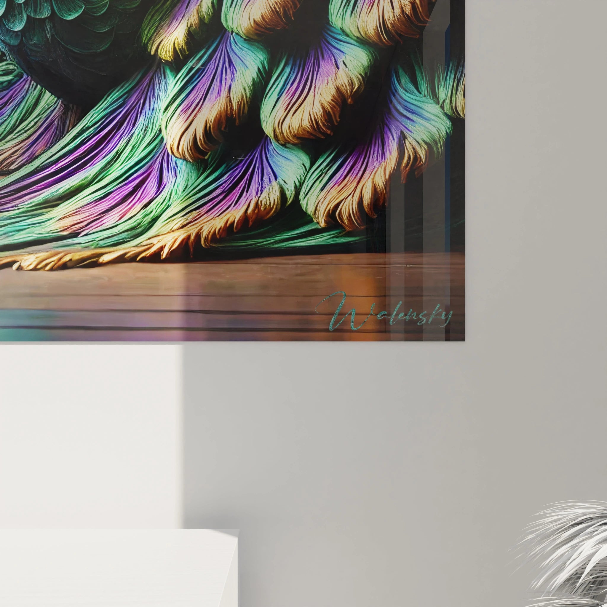 Découvrez les détails fascinants de ce tableau paon avec une vue rapprochée. Les plumes aux couleurs intenses et aux textures fines créent une œuvre captivante et réaliste.