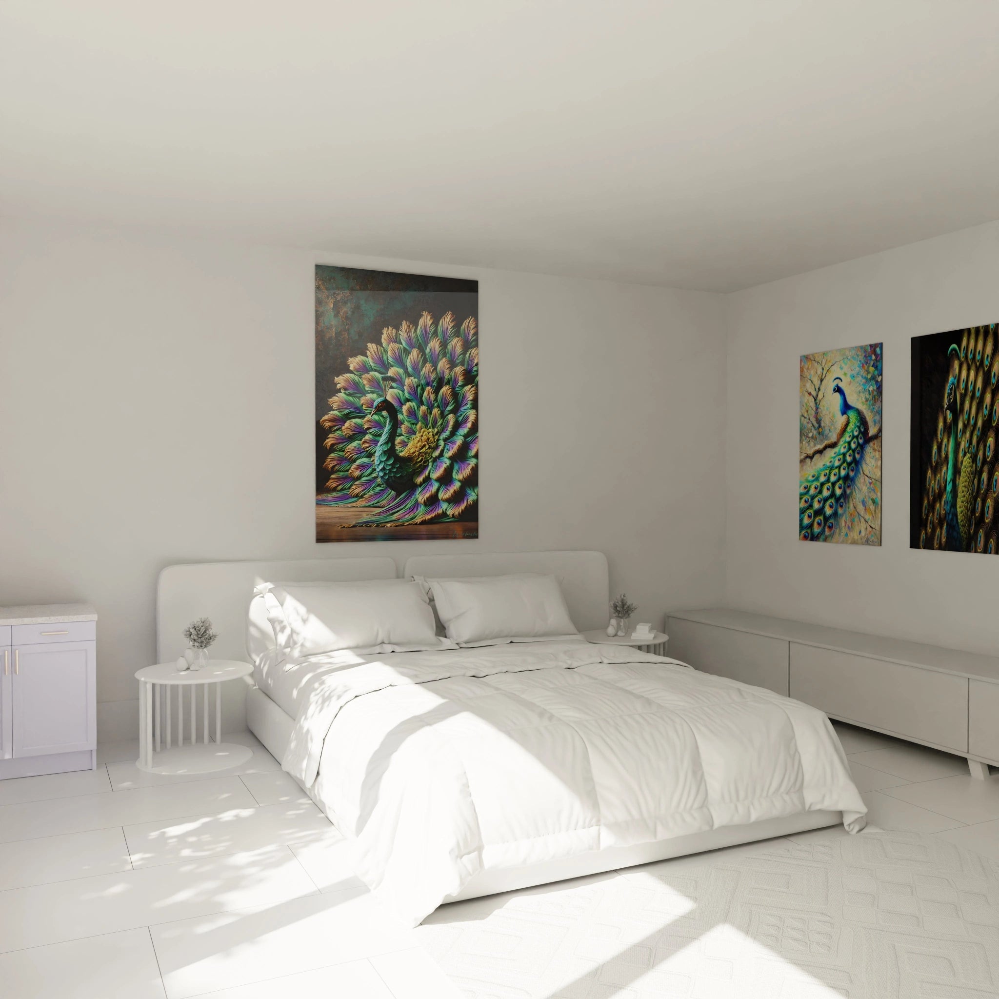 Sublimez votre chambre avec ce tableau paon accroché au-dessus du lit. Son mélange vibrant de couleurs ajoute une touche élégante et exotique à votre espace de repos.