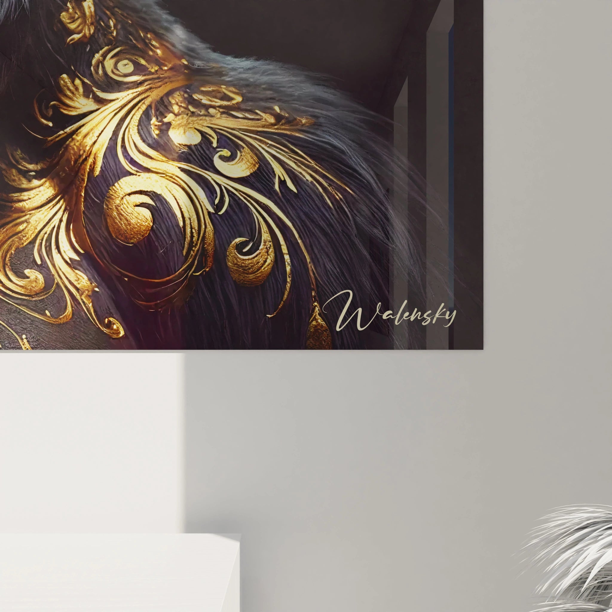 Cette vue de près du tableau gorille révèle des détails exquis, où la puissance de l'animal rencontre la délicatesse des motifs dorés. Une pièce d'art qui inspire respect et admiration.