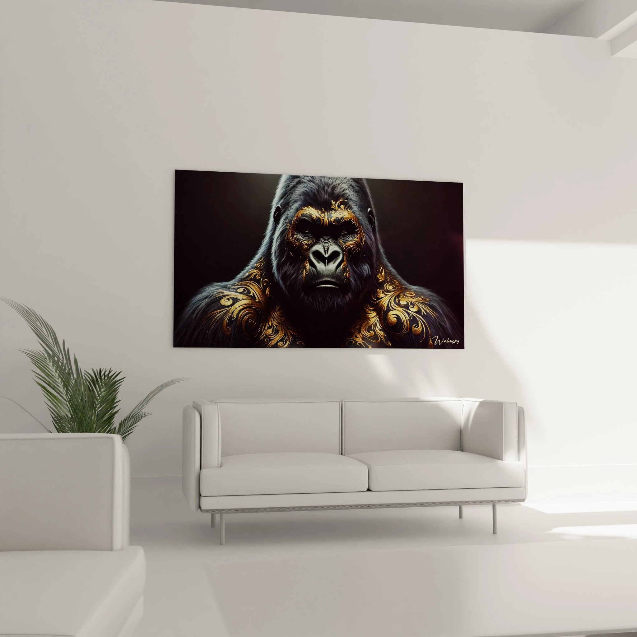 Accroché au-dessus du canapé, ce tableau gorille se démarque par sa beauté et son intensité. Les ornements dorés ajoutent une dimension royale à cet art contemporain, captivant tous les regards.