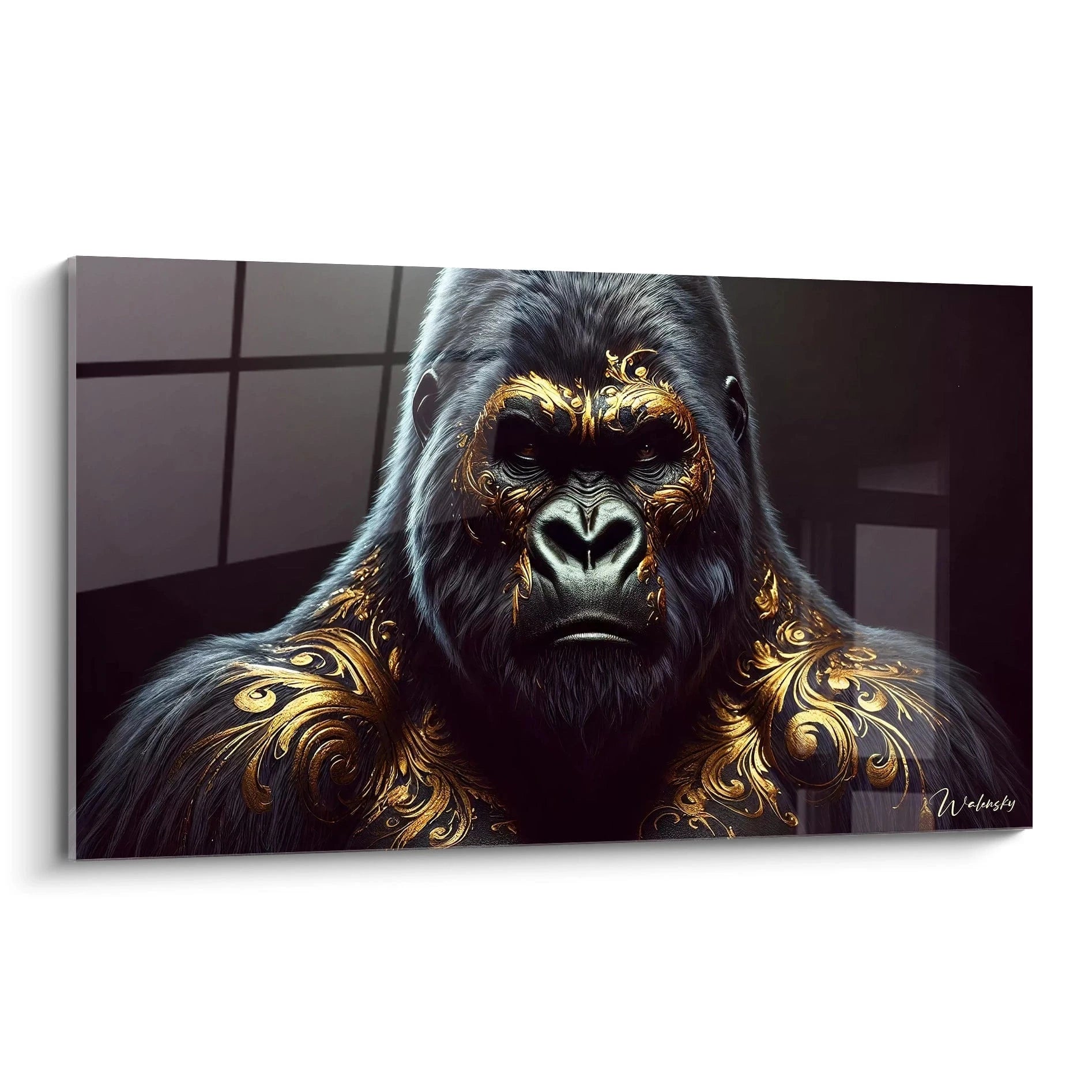 Ce tableau gorille impressionne par son détail saisissant, alliant force brute et ornements dorés. Chaque nuance évoque majesté et profondeur, attirant le regard avec charme.