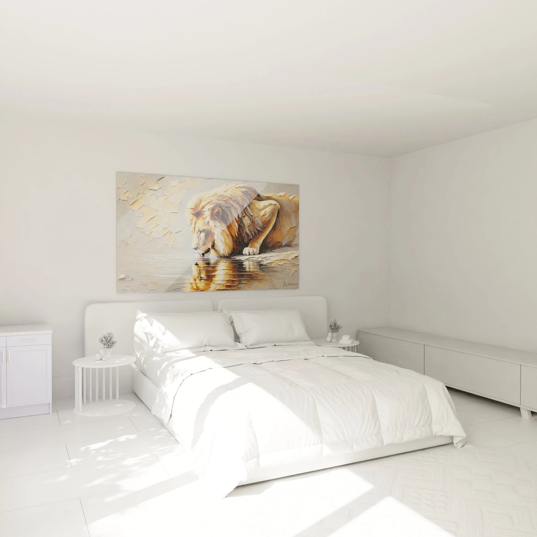 Le tableau lion apporte une touche sereine à cette chambre. Accroché au-dessus du lit, il invite à la relaxation avec ses nuances apaisantes et sa représentation réaliste du monde marin.
