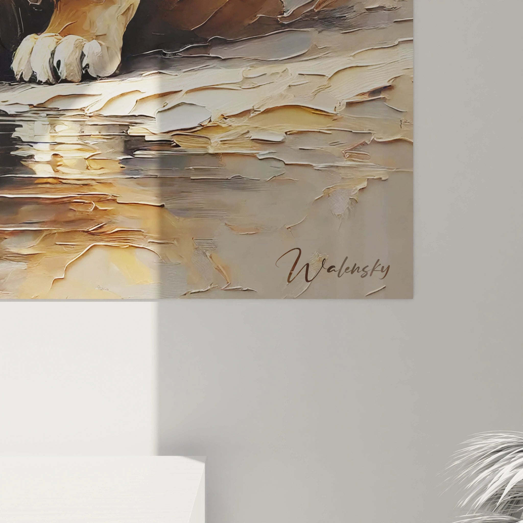 Un gros plan du tableau lion révèle la précision des coups de pinceau. La texture unique de la carapace et les reflets marins captivent le regard et ajoutent profondeur à cette œuvre d’art animalière.