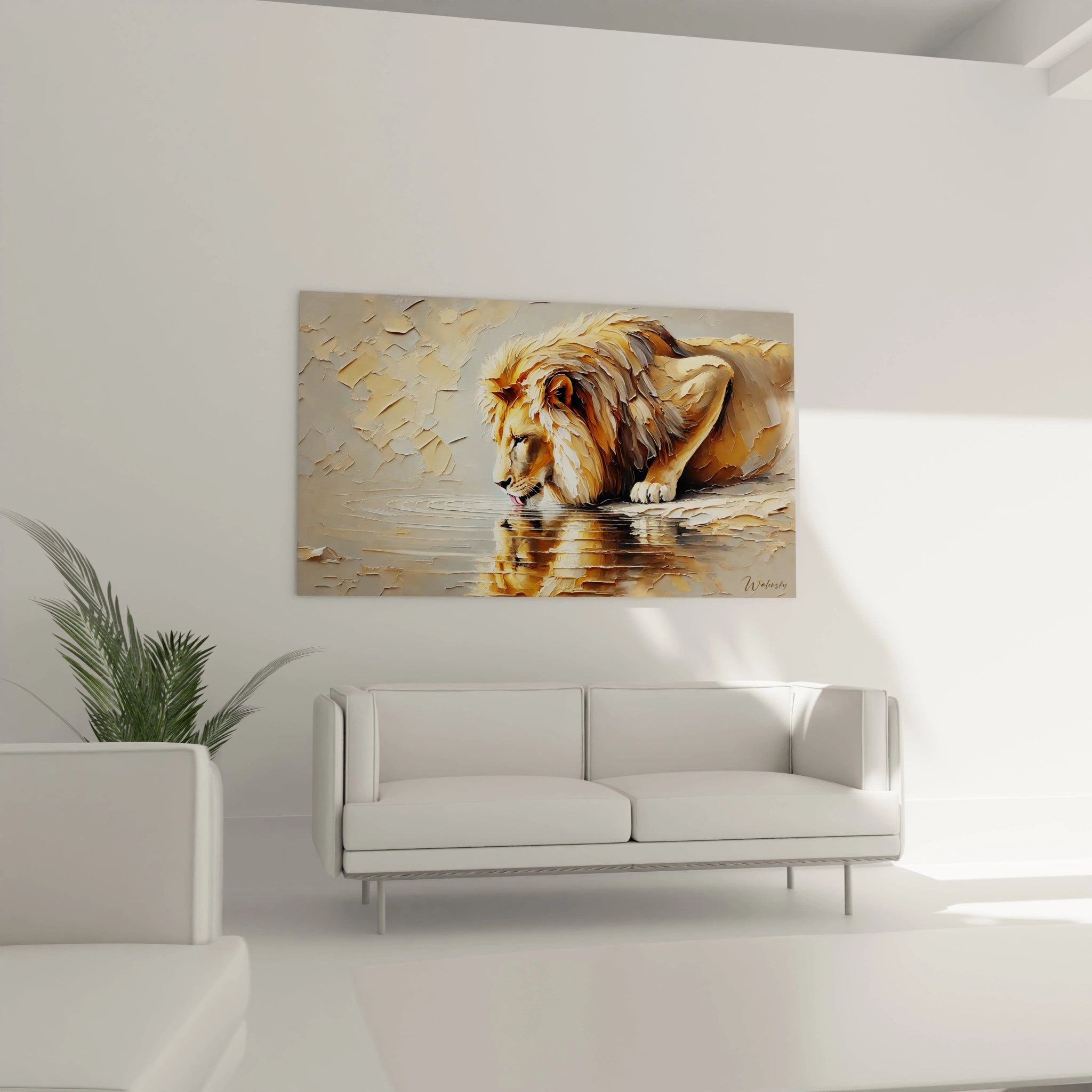 Dans ce salon, le tableau lion se place au-dessus du canapé, ajoutant une atmosphère calme et rafraîchissante. La finesse des détails et les couleurs douces s'harmonisent parfaitement avec un décor contemporain.
