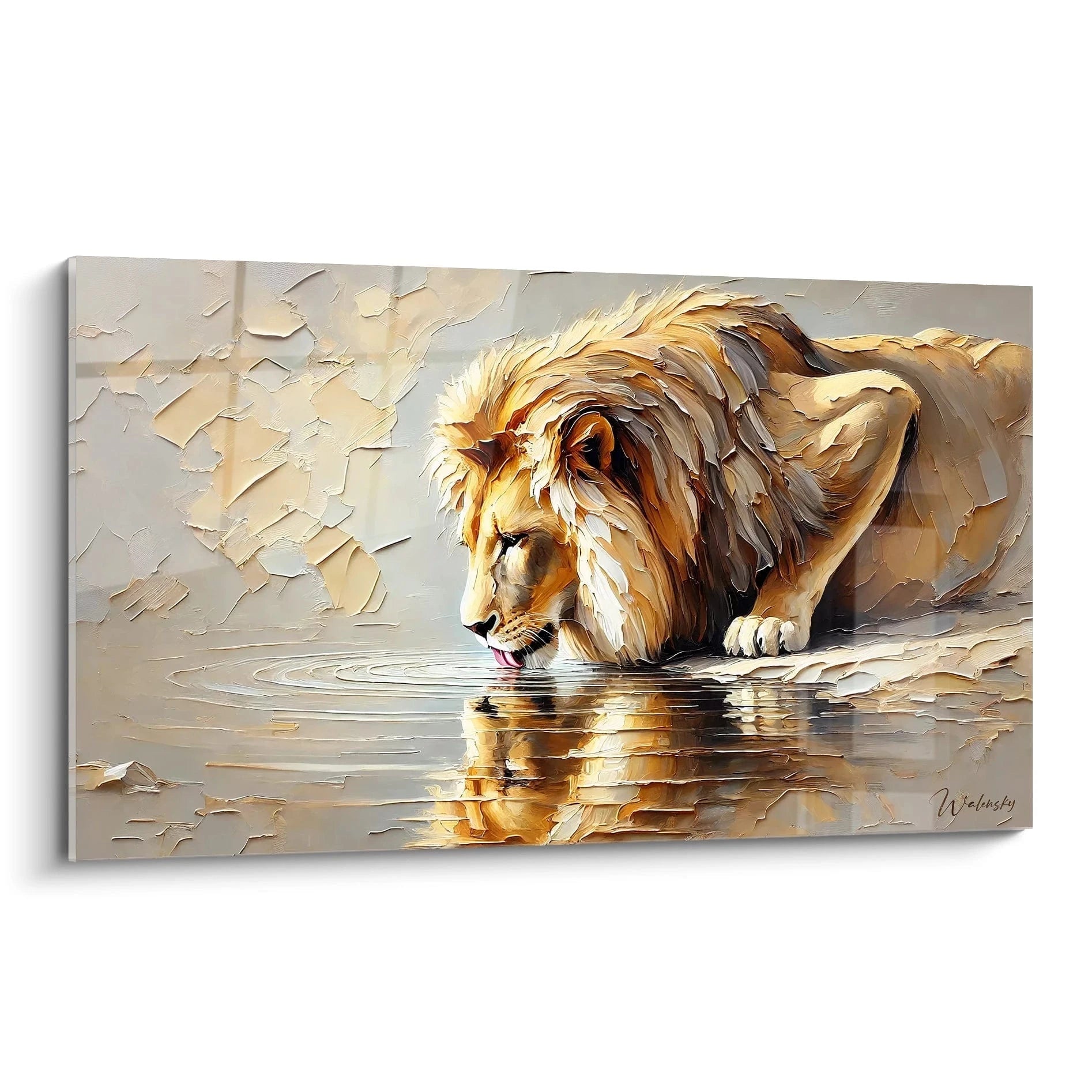 Découvrez ce tableau lion vu de biais, capturant l’instant apaisant du roi de la savane s’abreuvant paisiblement. Une œuvre texturée et lumineuse qui apporte sérénité et force.