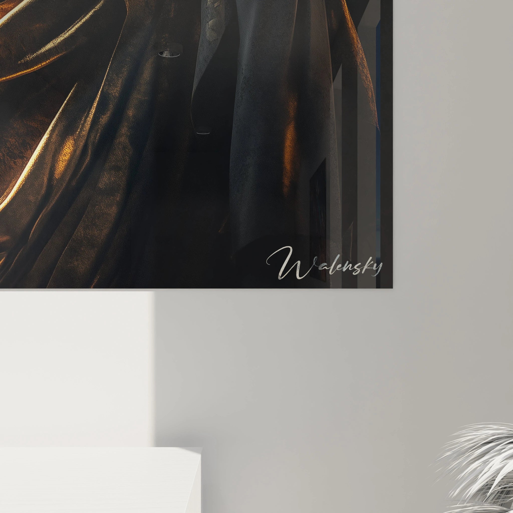 Un tableau royal présentant le roi Midas au physique imposant, habillé d'un drapé doré symbolisant son pouvoir. La figure en marbre blanc aux muscles parfaitement définis est mise en valeur par un éclairage dramatique, incarnant la grandeur et la tragédie du souverain mythique.