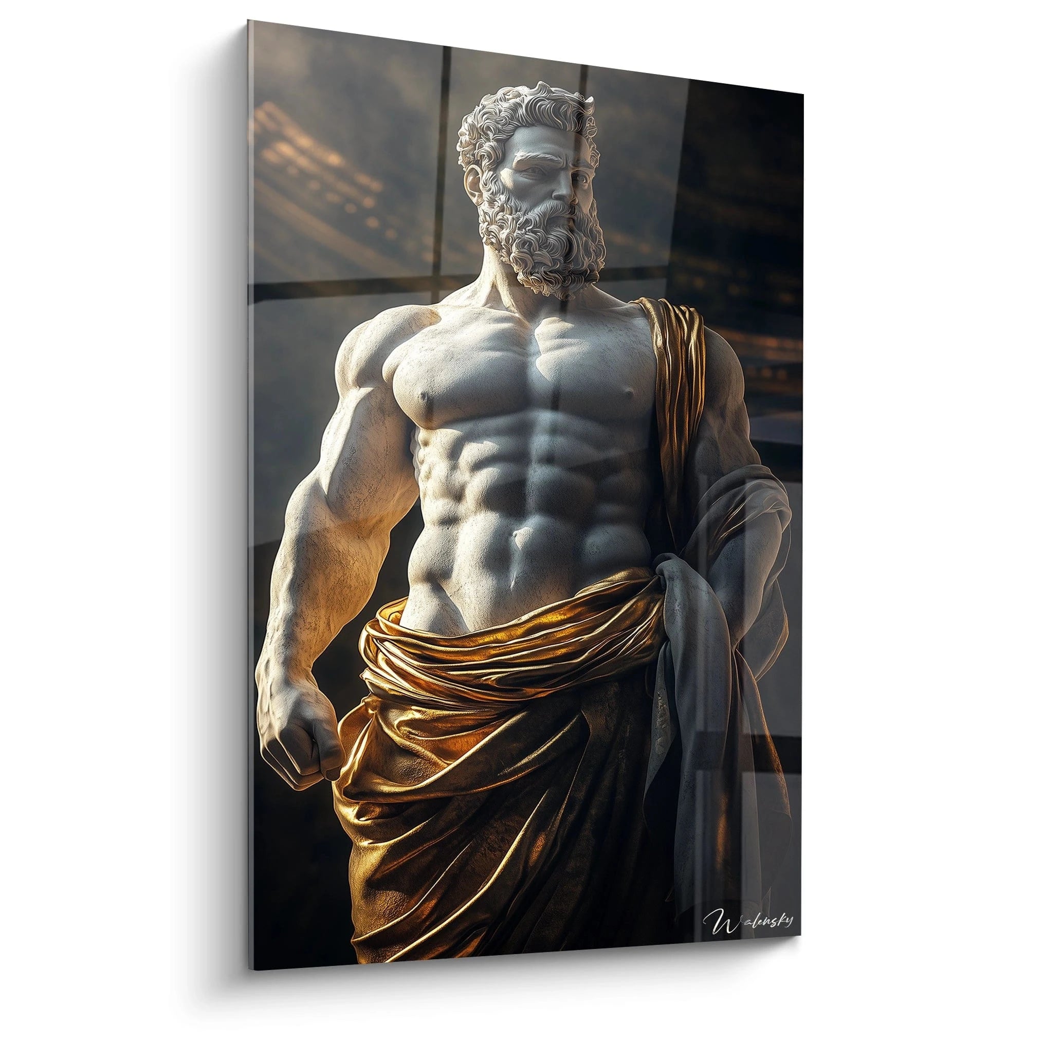 Un tableau artistique représentant le roi Midas au torse nu musclé, avec barbe et cheveux bouclés détaillés, partiellement drapé d'un tissu doré sur fond sombre. La texture lisse évoque le marbre blanc contrastant avec l'or, symbolisant son pouvoir de transformation légendaire.