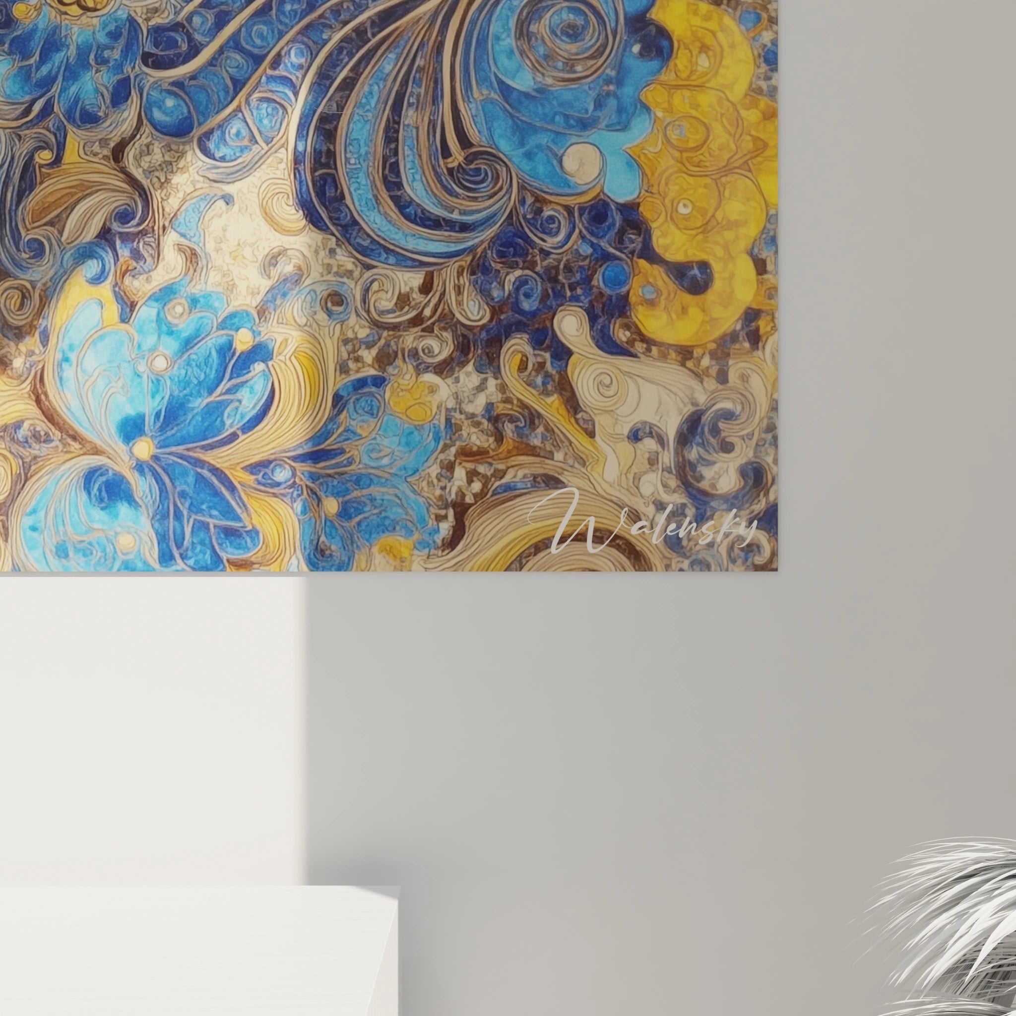 Tableau mural Walensky abstrait bleu et or avec motifs floraux et arabesques, signature visible, tableau roi édition Charlemagne