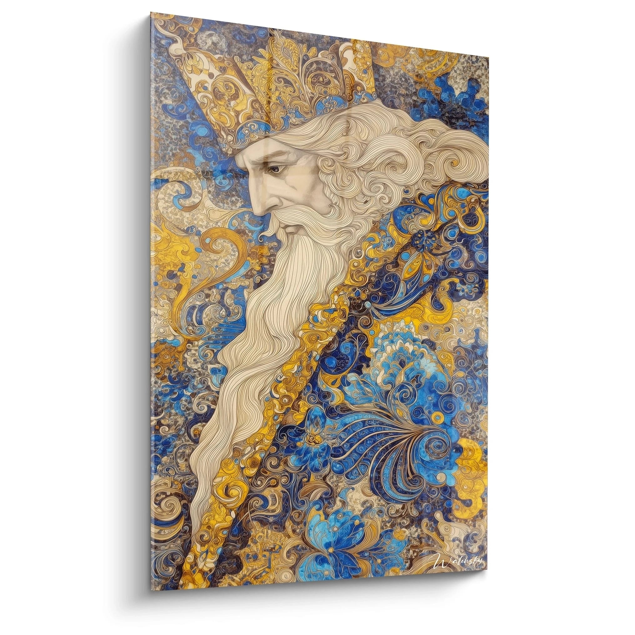 tableau roi édition Charlemagne par Walensky tableau mural toile or et bleu portrait stylise du roi barbu