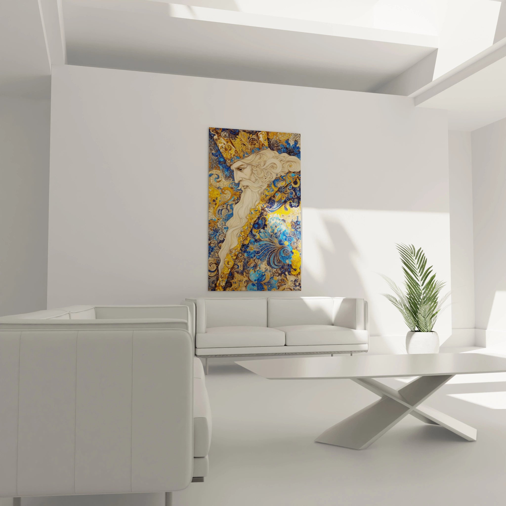 Tableau mural Walensky portrait doré et bleu d un roi à profil accroché au dessus d un canapé tableau roi édition Charlemagne