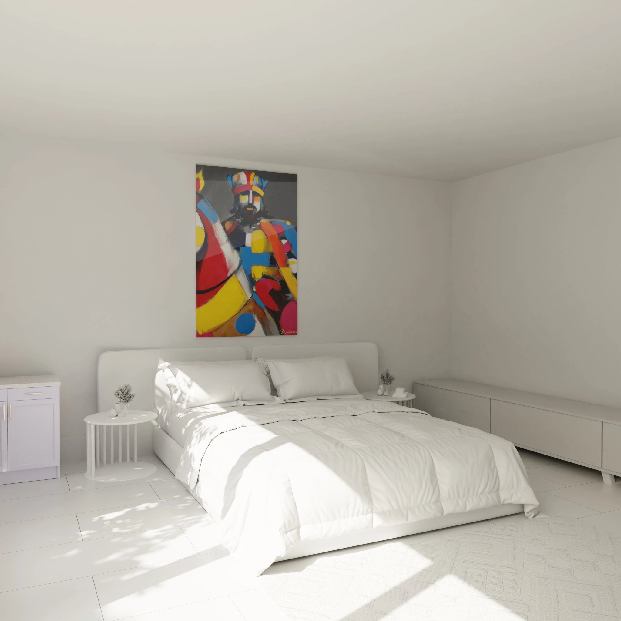 Walensky tableau roi géométrique coloré accroché au dessus d'un lit double dans une chambre minimaliste blanche et lumineuse