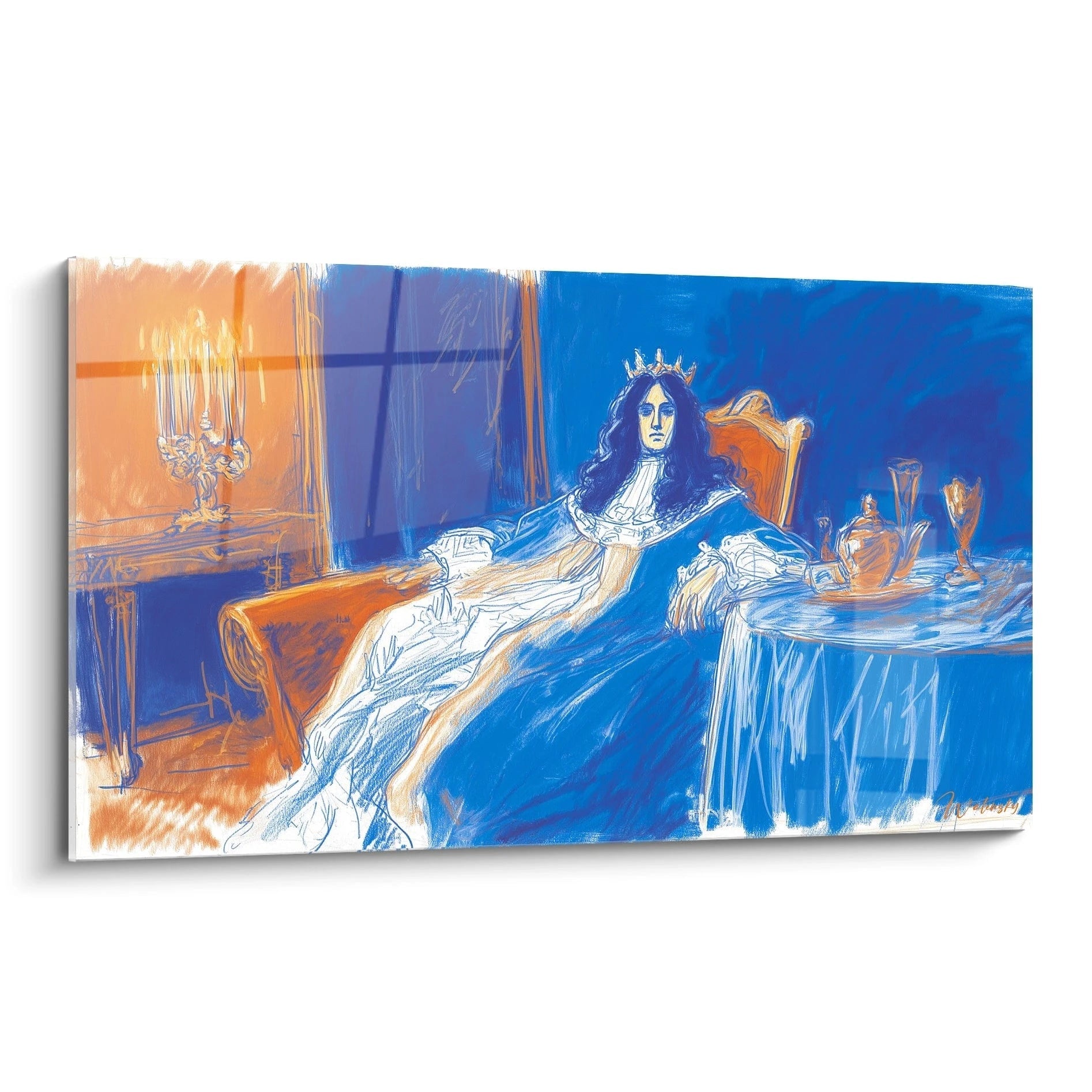 Tableau mural Walensky tableau Louis XIV moderne stylisé en bleu et orange roi couronné pour déco salon