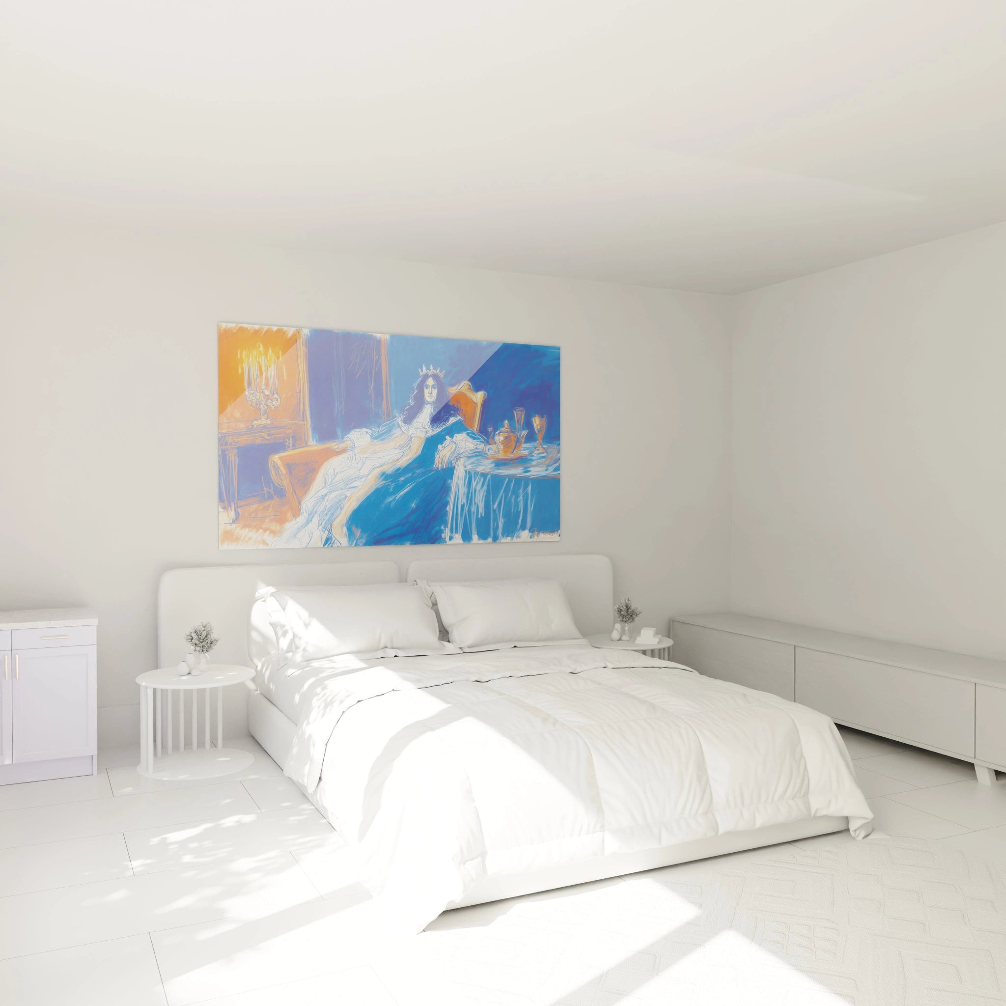 tableau Louis XIV moderne Walensky pose au dessus d un lit blanc dans une chambre minimaliste lumineuse