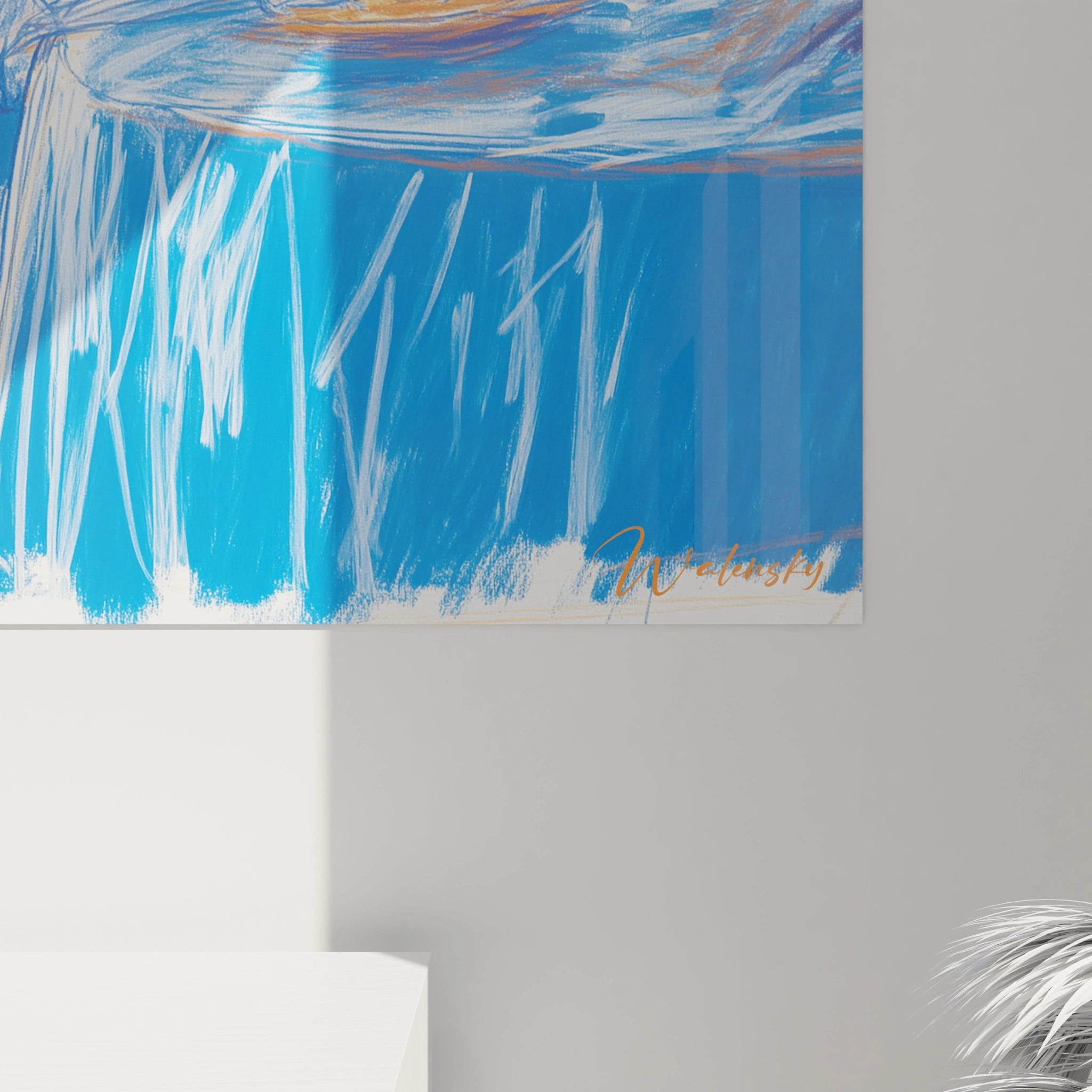 Tableau mural abstrait bleu signé Walensky exposé sur mur lumineux, tableau Louis XIV moderne pour déco contemporaine