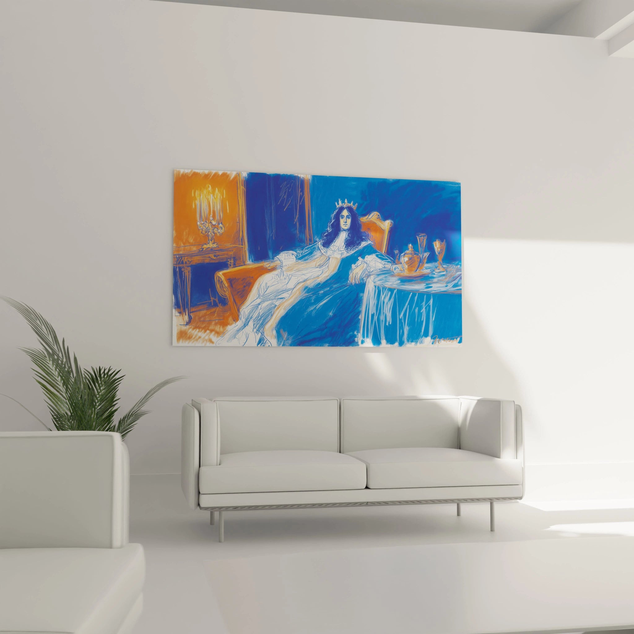 tableau Louis XIV moderne Walensky accroché dans un salon minimaliste, peinture bleue et orange représentant roi couronné
