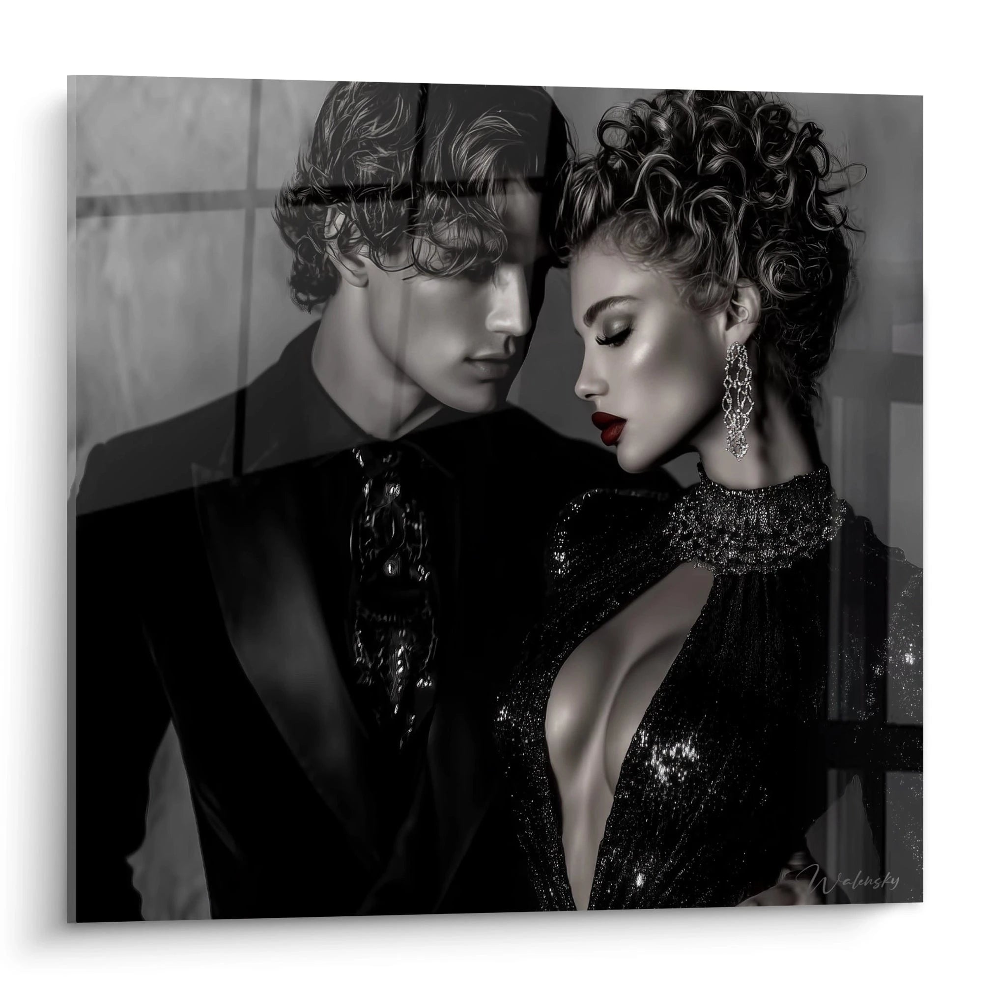 Tableau romance vintage représentant un couple élégamment habillé avec des expressions passionnées