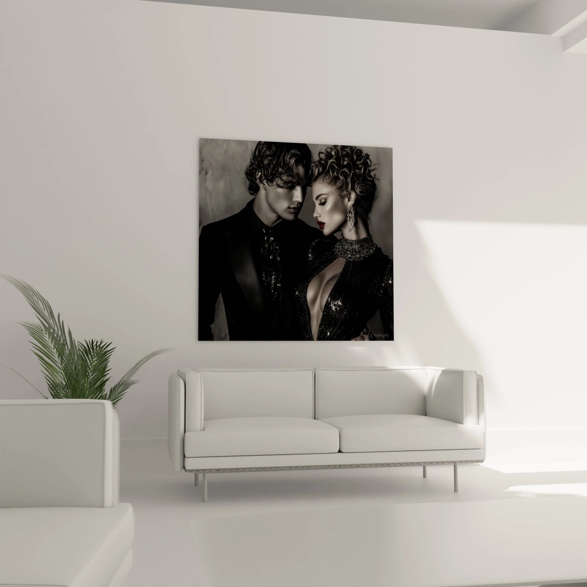 Tableau mural romance vintage de Walensky avec un couple élégant en noir et blanc sur un mur clair