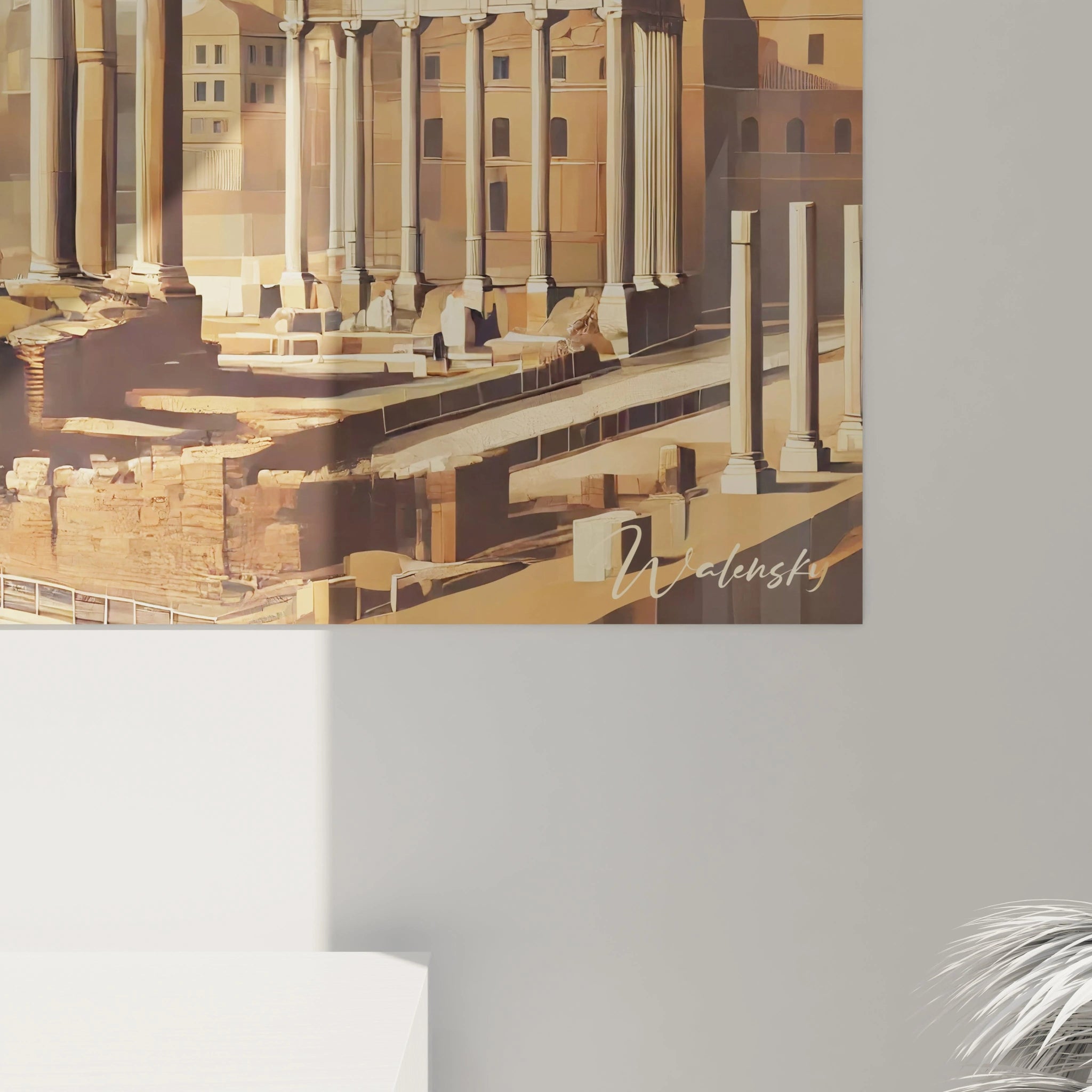 vue rapprochee tableau rome colonnes details textures profondes teintes bronze beige lumiere douce ambiance calme