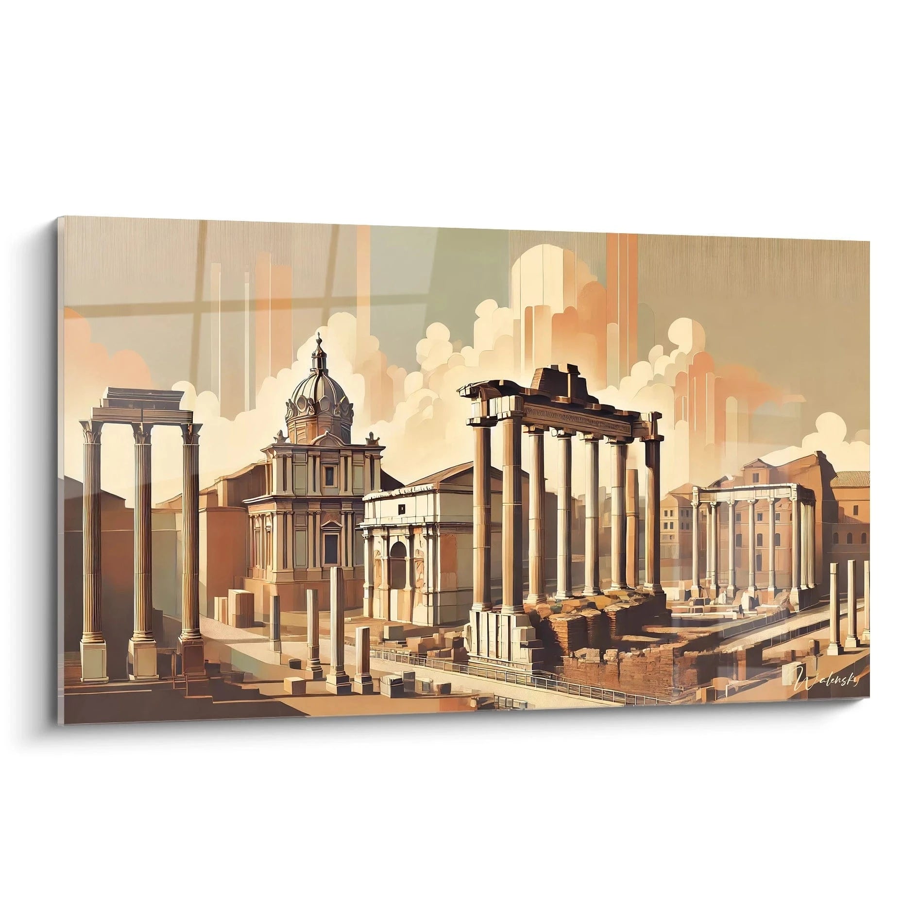 tableau rome vu de biais beige bronze blanc colonnes epurees textures subtiles lumiere douce rappelant histoire