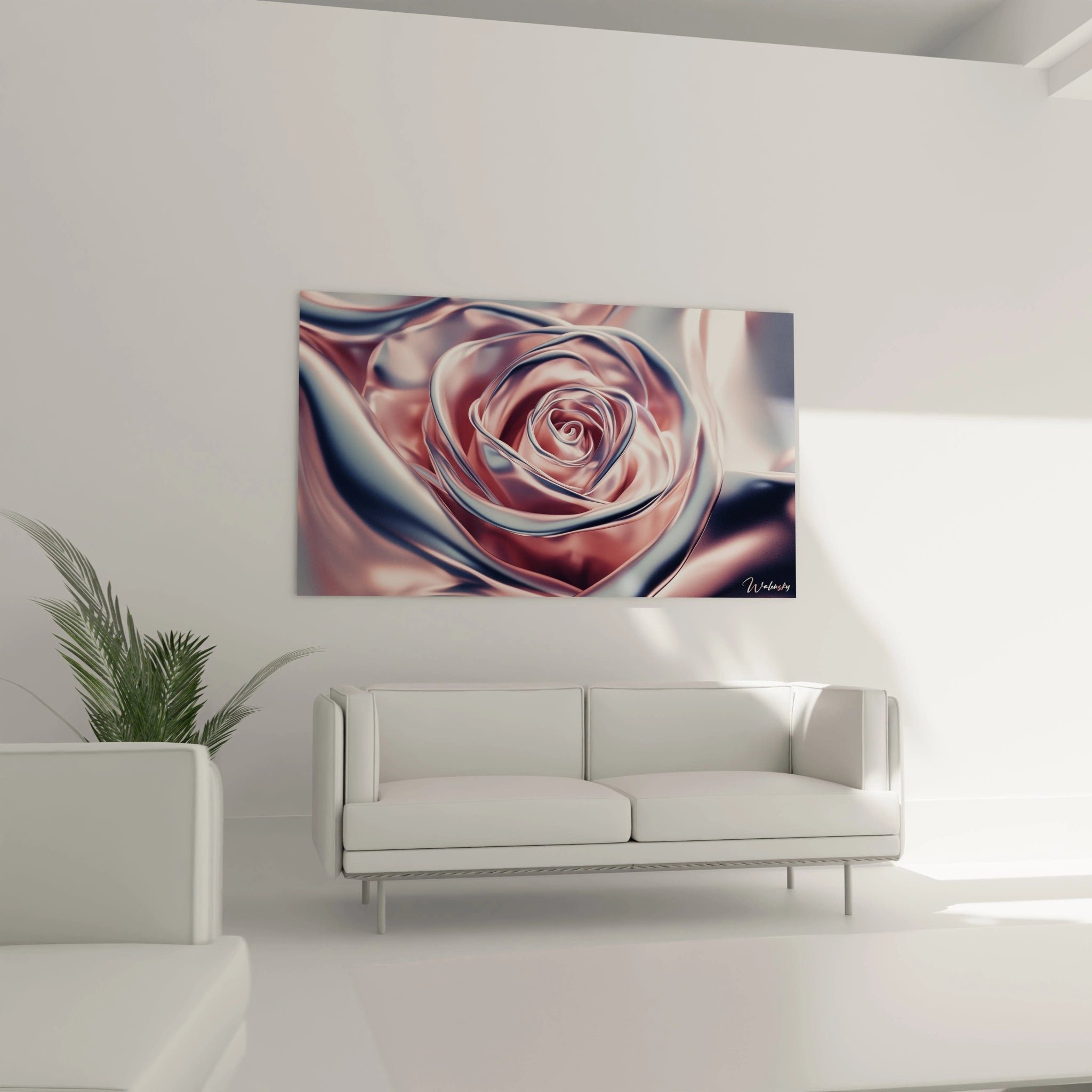 Un tableau rose nature représentant une composition abstraite florale, dominée par le rose et l’or rose, avec des textures satinées et un effet de profondeur obtenu par des reflets métallisés.