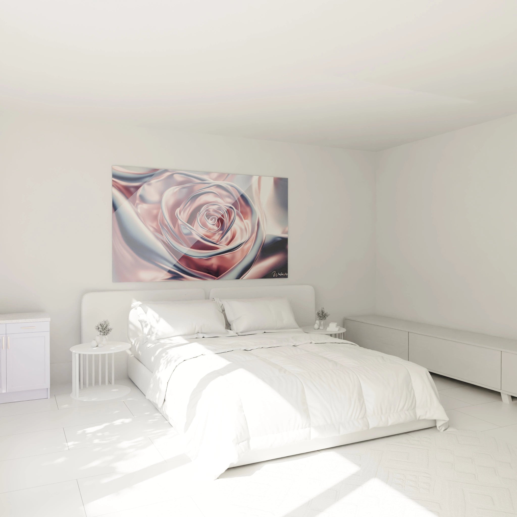 Un tableau rose nature illustrant une rose en gros plan, aux nuances de rose et d’argent, avec un effet de relief subtil et des surfaces réfléchissantes créant un contraste lumineux.