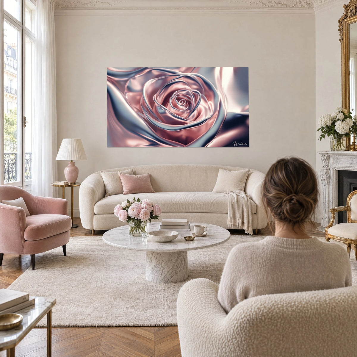 Tableau rose en satin aux spirales rose poudré et gris acier, pétales luisants, au-dessus d'un canapé dans un salon lumineux