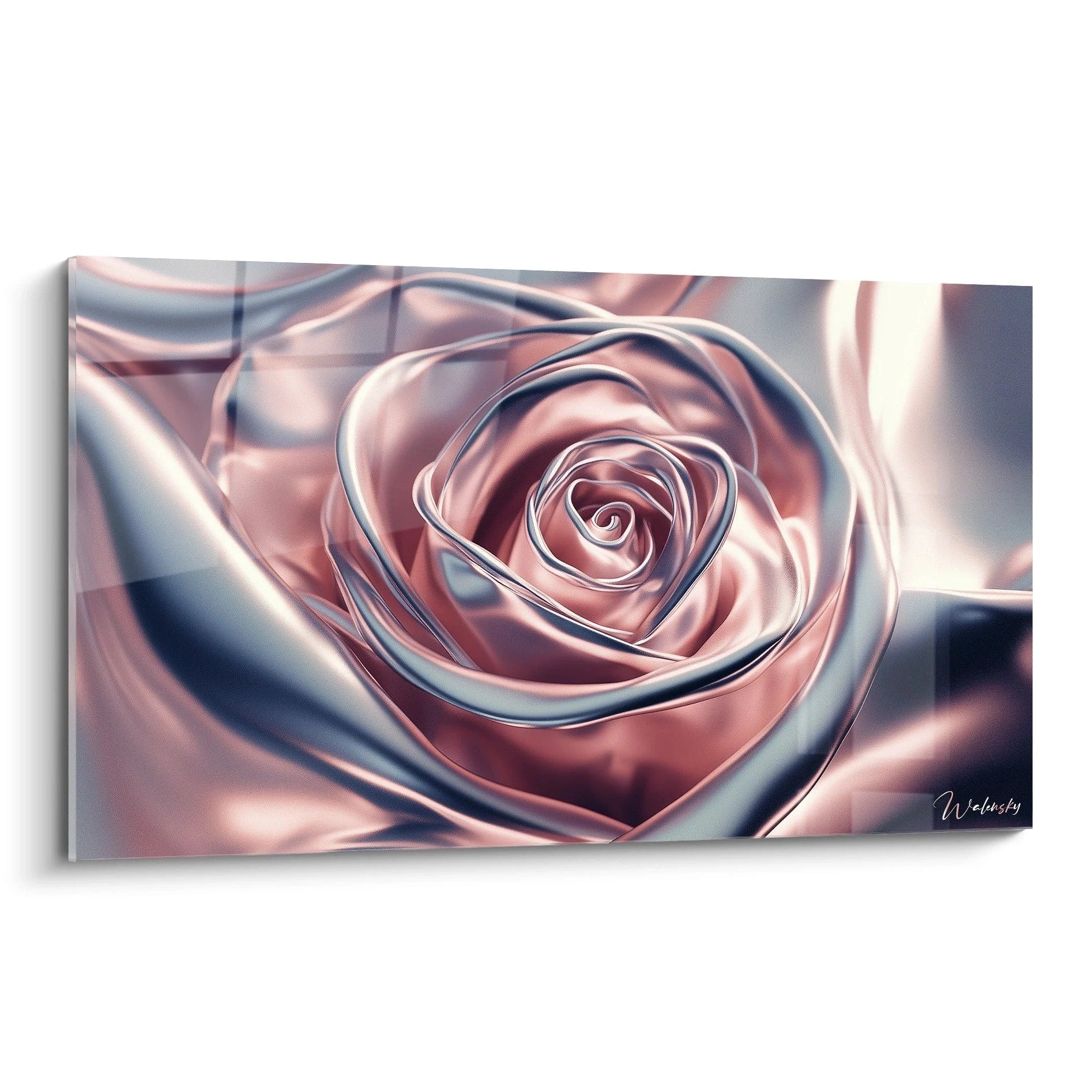 Un tableau rose nature présentant une rose stylisée aux reflets métalliques, dans des tons de rose, argent et or rose, avec des textures lisses et des effets de brillance fluide.