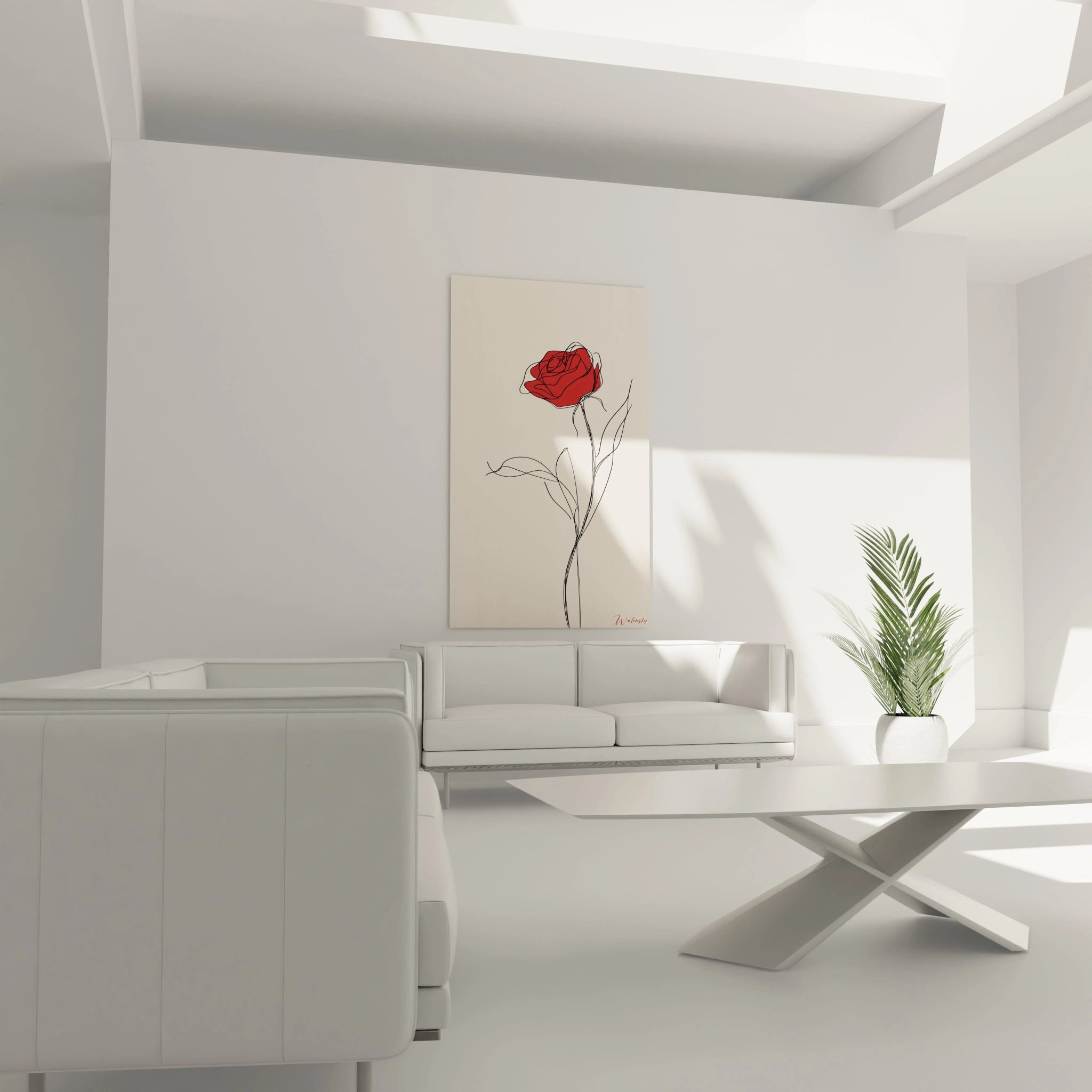 Un tableau rose nature mettant en scÚne une fleur rouge aux contours noirs entrelacés, sur un fond beige uniforme, sans textures visibles ni effets de relief, dans un style graphique simplifié.