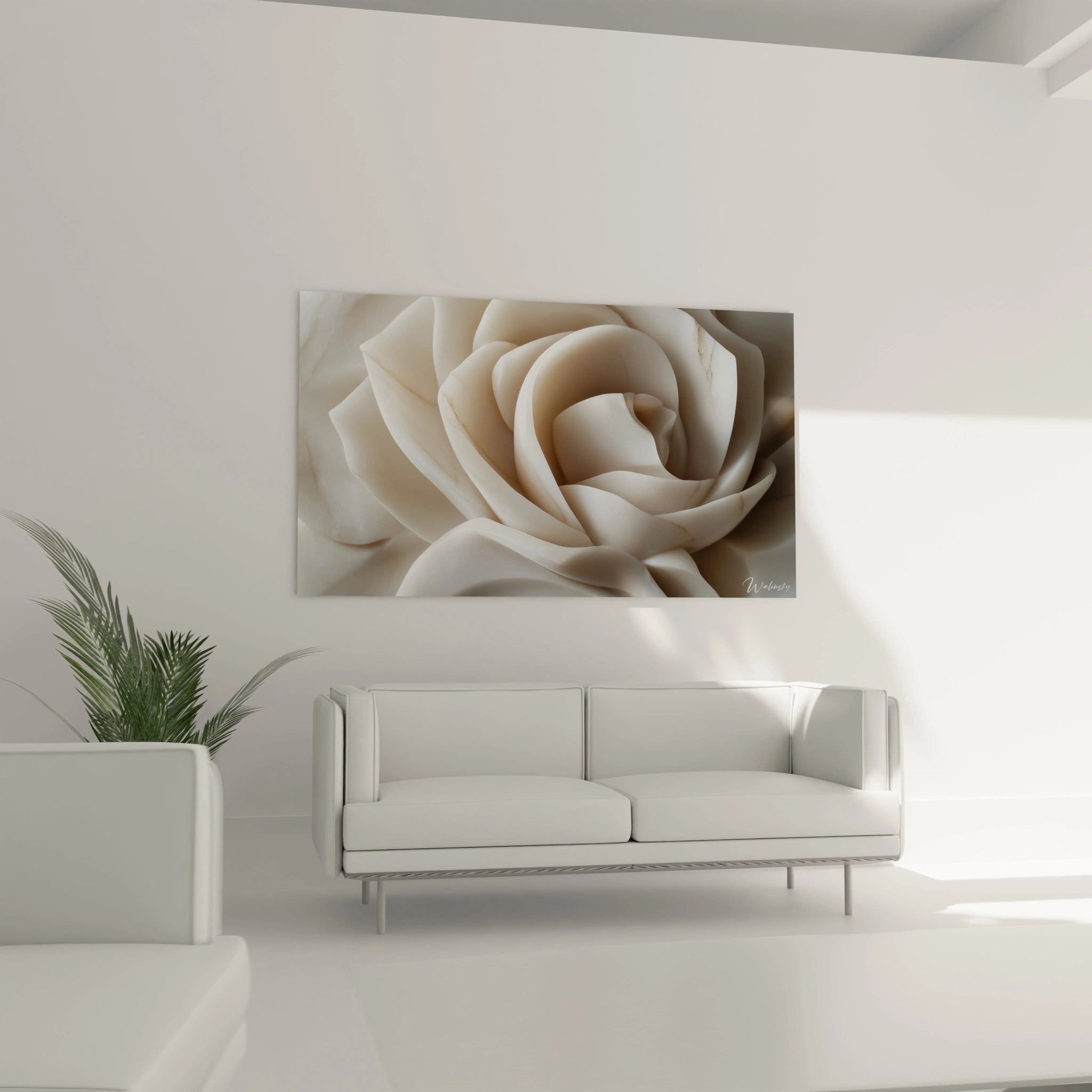 Un tableau rose nature montrant un agencement de pétales en volume, aux tons blancs et beiges, avec des détails dorés et une texture douce et polie.