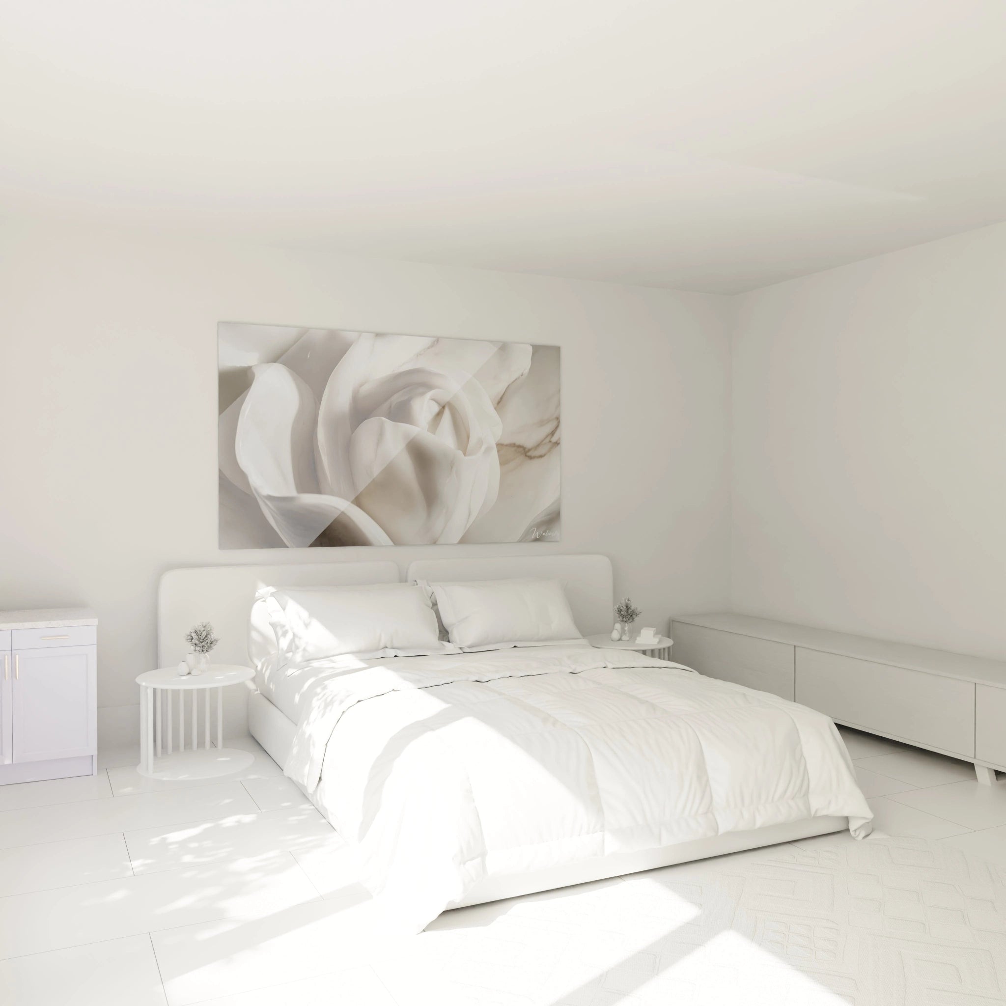 Un tableau rose nature représentant une rose aux pétales arrondis en blanc et beige, avec des ombres subtiles et des reliefs marbrés, donnant une sensation de profondeur et de fluidité visuelle.