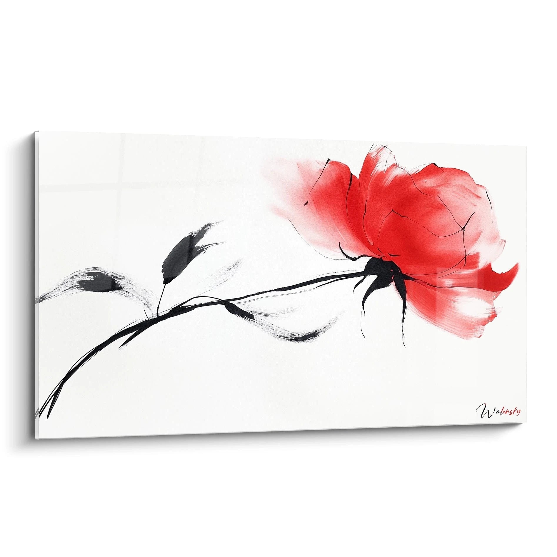 Un tableau rose nature illustrant une fleur stylisée en rouge vif et noir, avec des traits fluides et dynamiques sur un fond blanc épuré, utilisant des effets de pinceau expressifs et minimalistes.